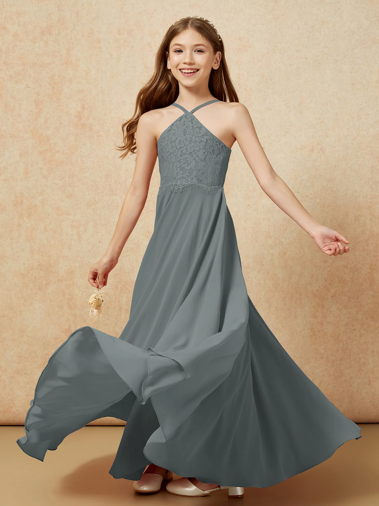 Halter Lace Top Long Chiffon Junior Bridesmaid Dress Steel Grey - Image 6