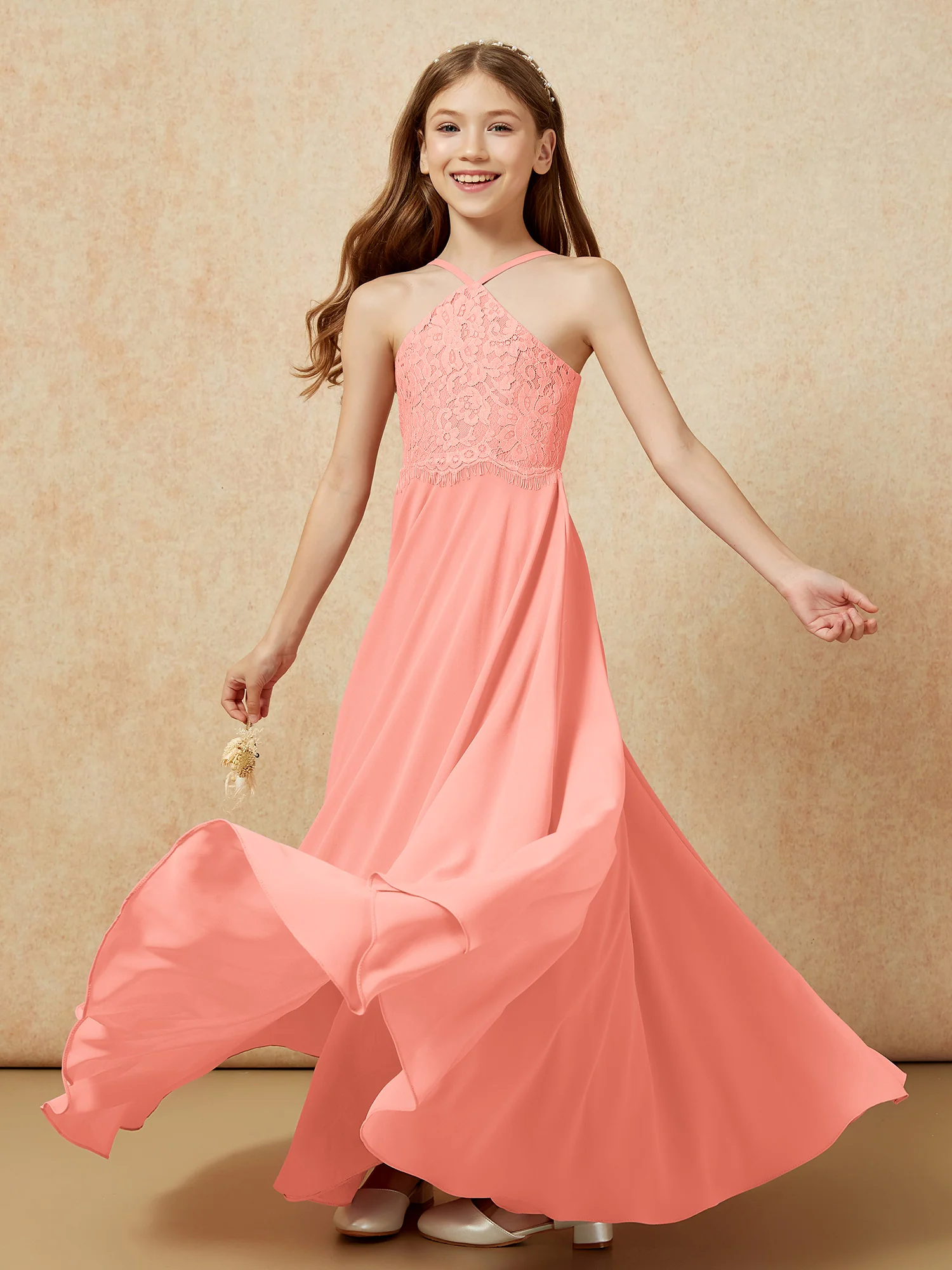 Halter Lace Top Long Chiffon Junior Bridesmaid Dress Sunset - Image 6