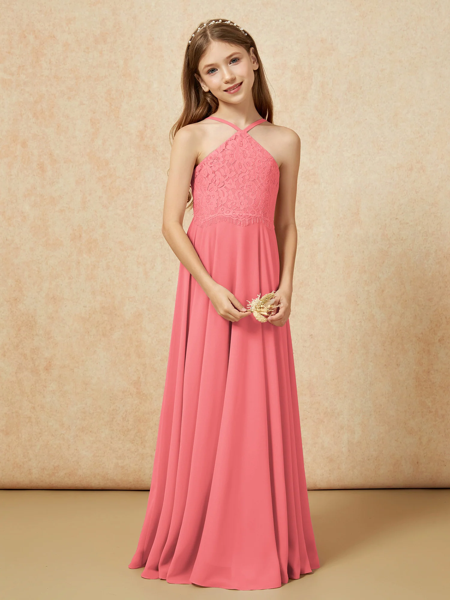 Halter Lace Top Long Chiffon Junior Bridesmaid Dress Watermelon - Image 5
