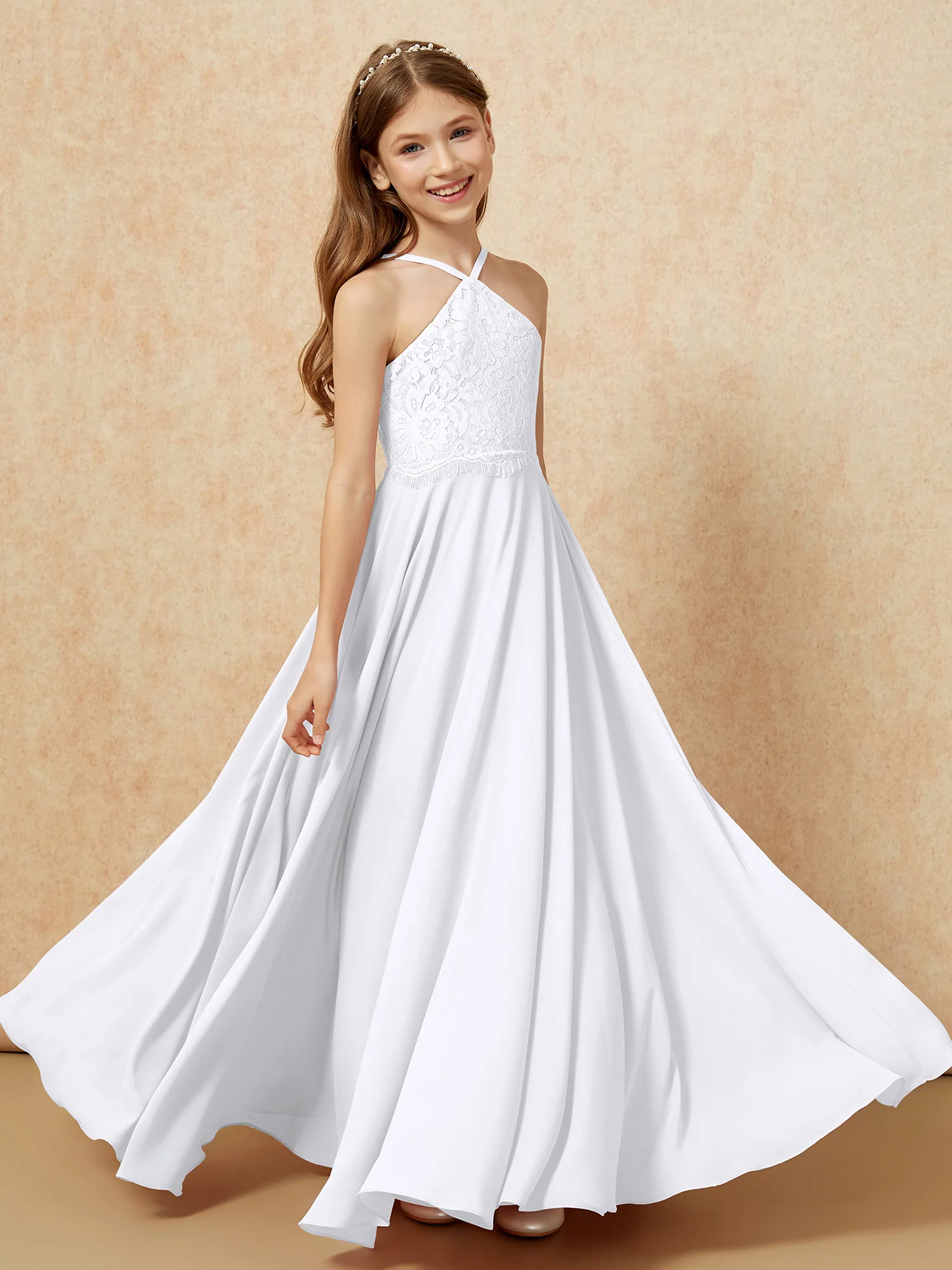 Halter Lace Top Long Chiffon Junior Bridesmaid Dress White - Image 4