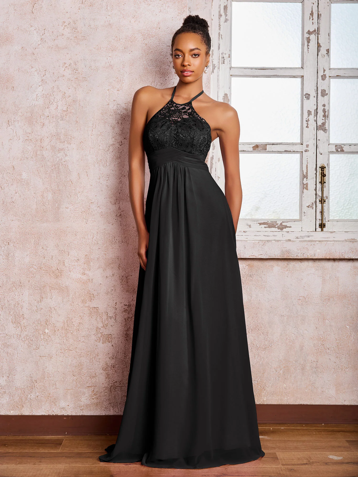 Halter Lace Top Sleeveless Chiffon Long Gowns Black