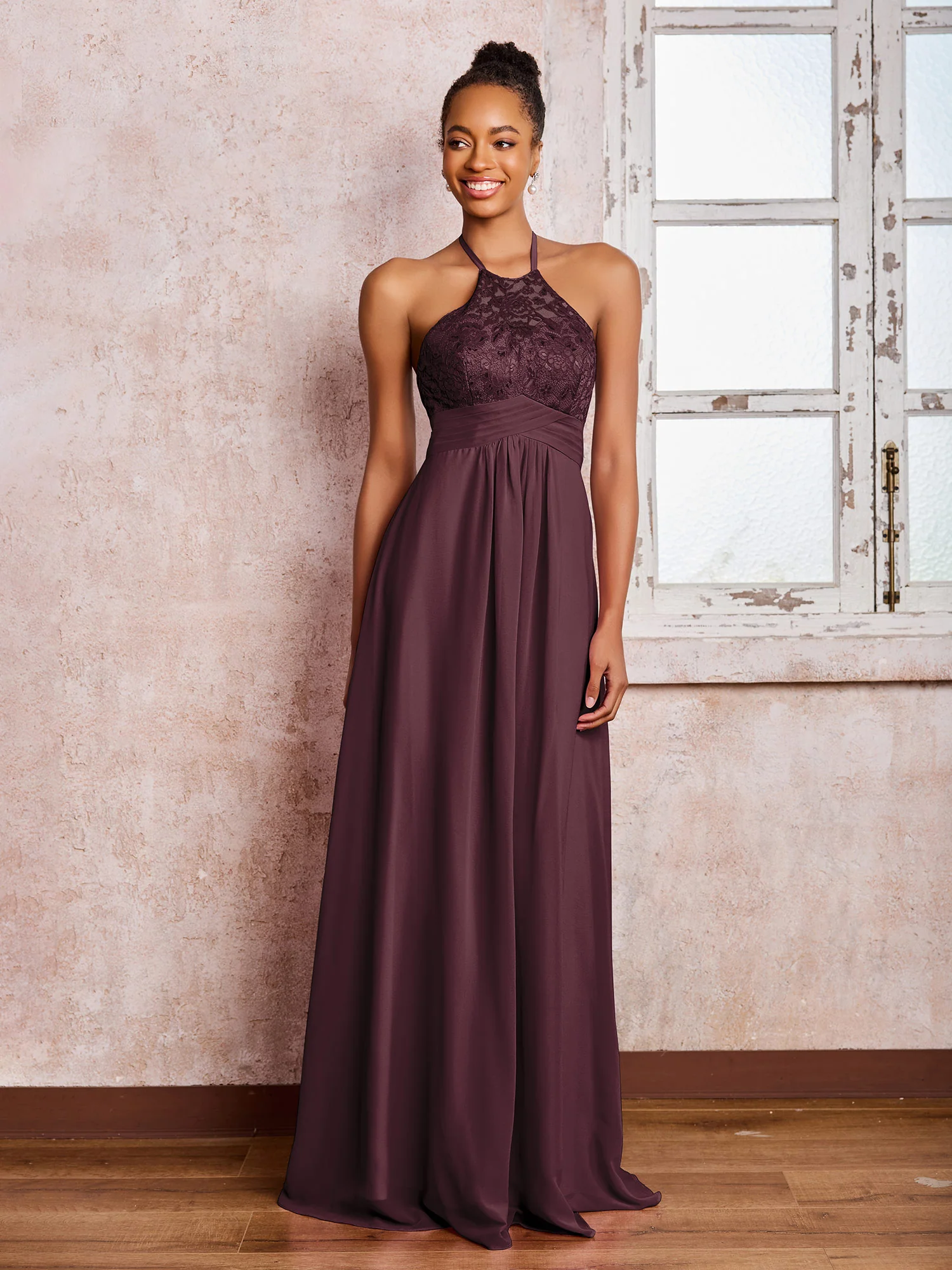 Halter Lace Top Sleeveless Chiffon Long Gowns Cabernet - Image 3