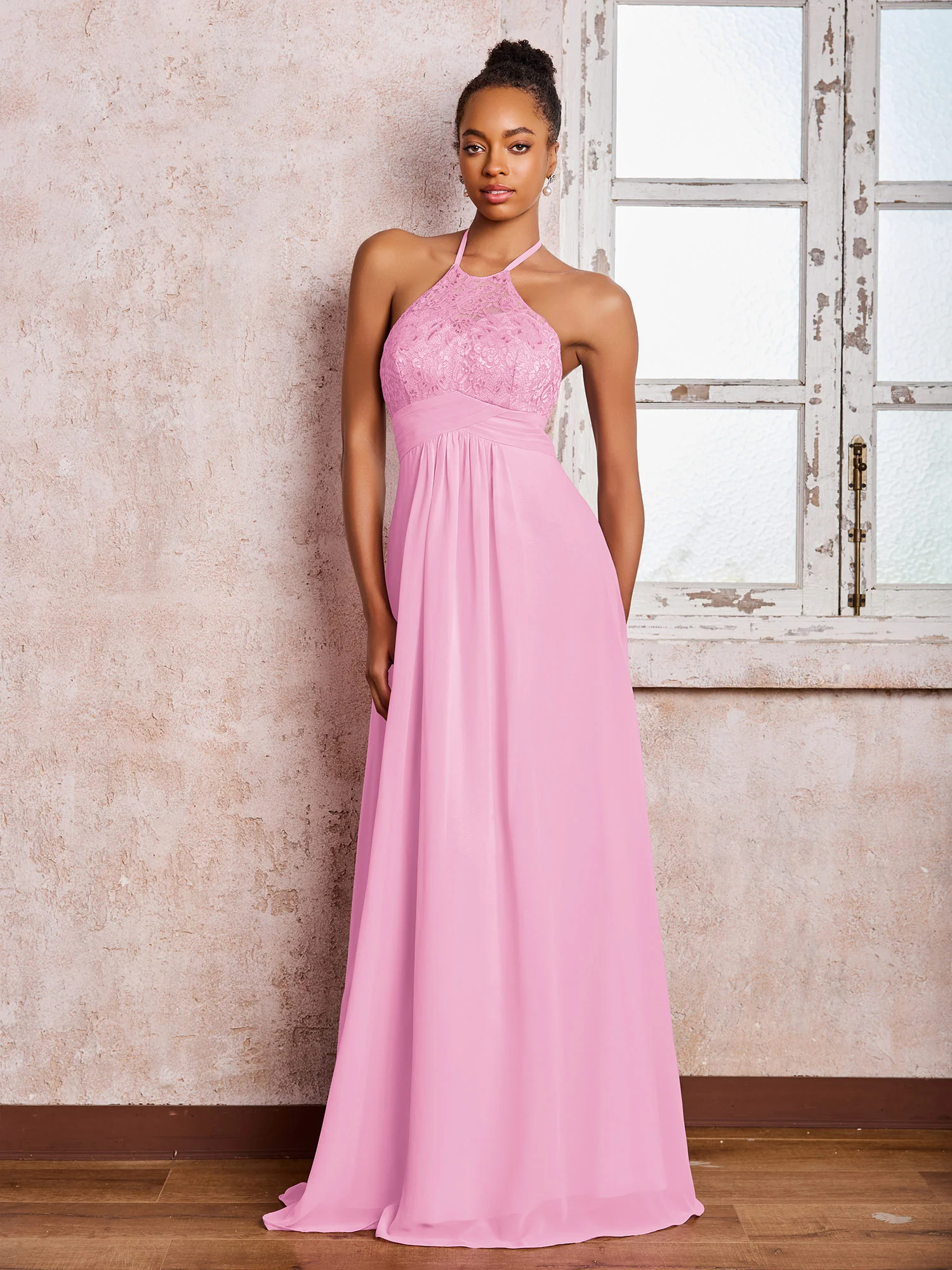 Halter Lace Top Sleeveless Chiffon Long Gowns Candy Pink