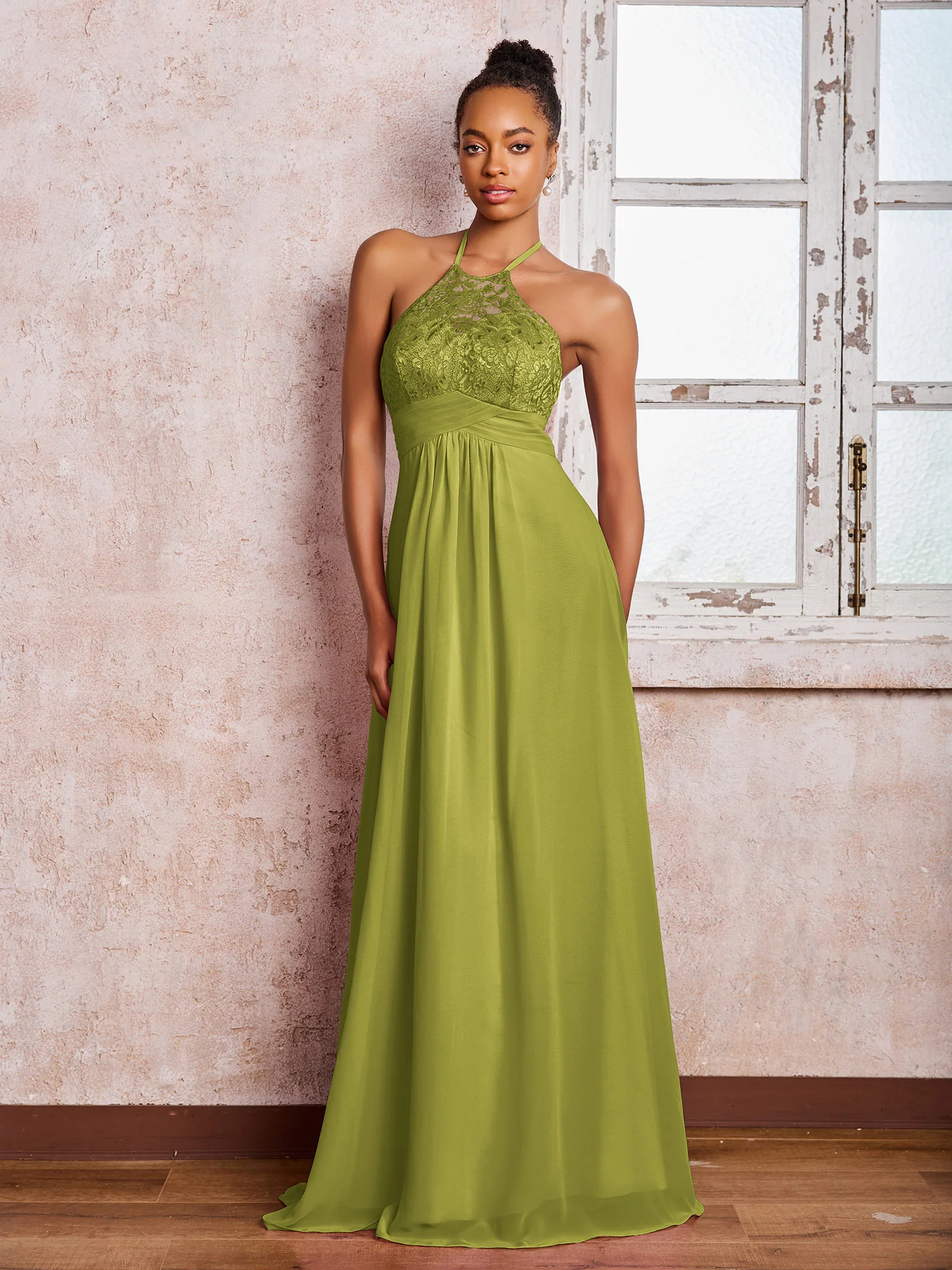 Halter Lace Top Sleeveless Chiffon Long Gowns Clover