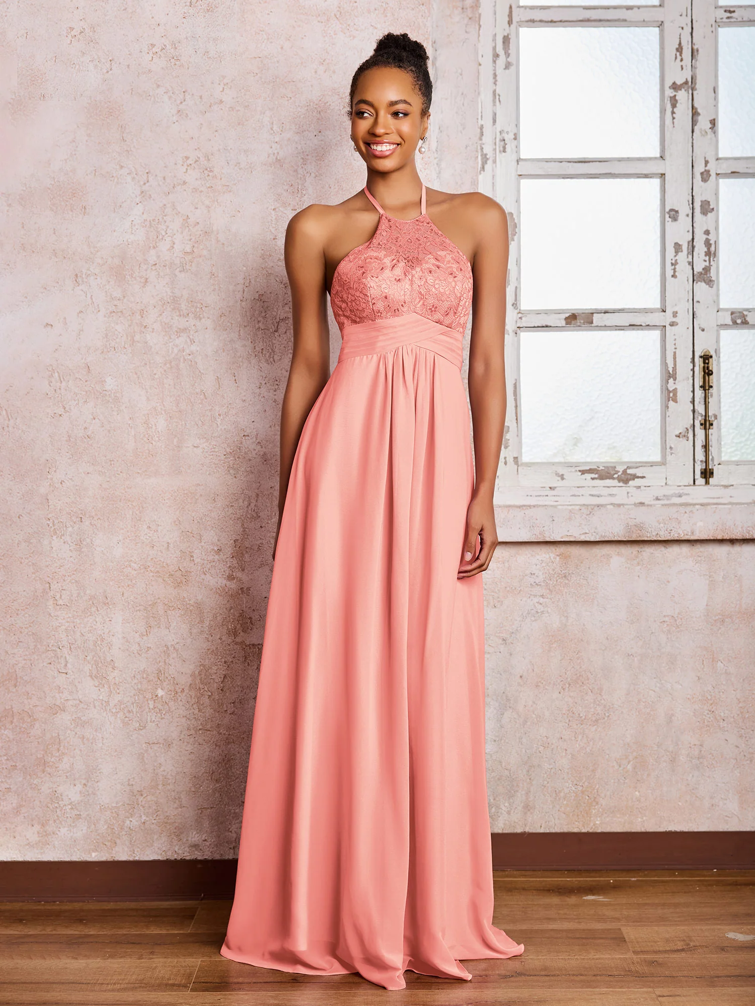 Halter Lace Top Sleeveless Chiffon Long Gowns Coral - Image 3