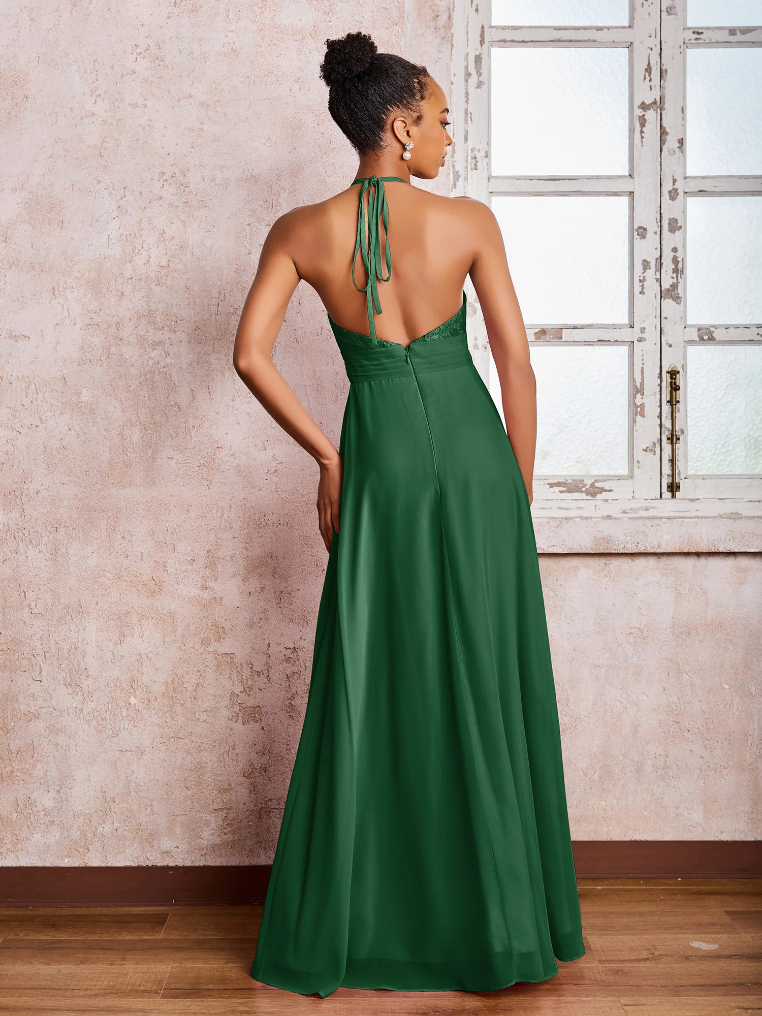 Halter Lace Top Sleeveless Chiffon Long Gowns Dark Green - Image 2