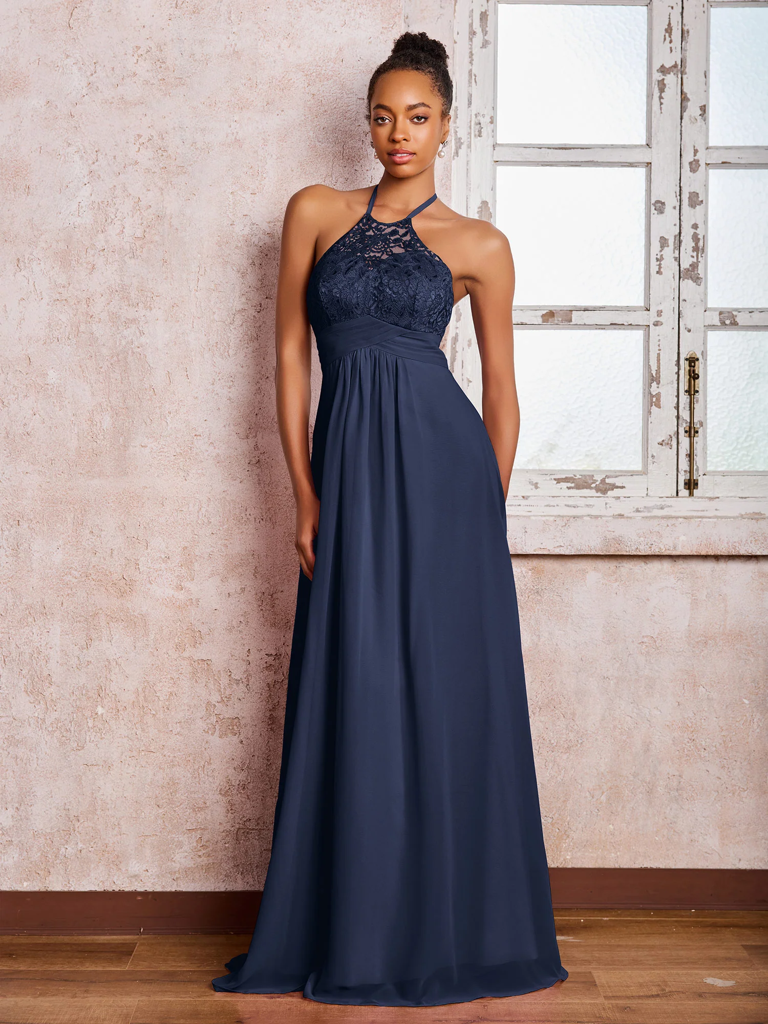 Halter Lace Top Sleeveless Chiffon Long Gowns Dark Navy