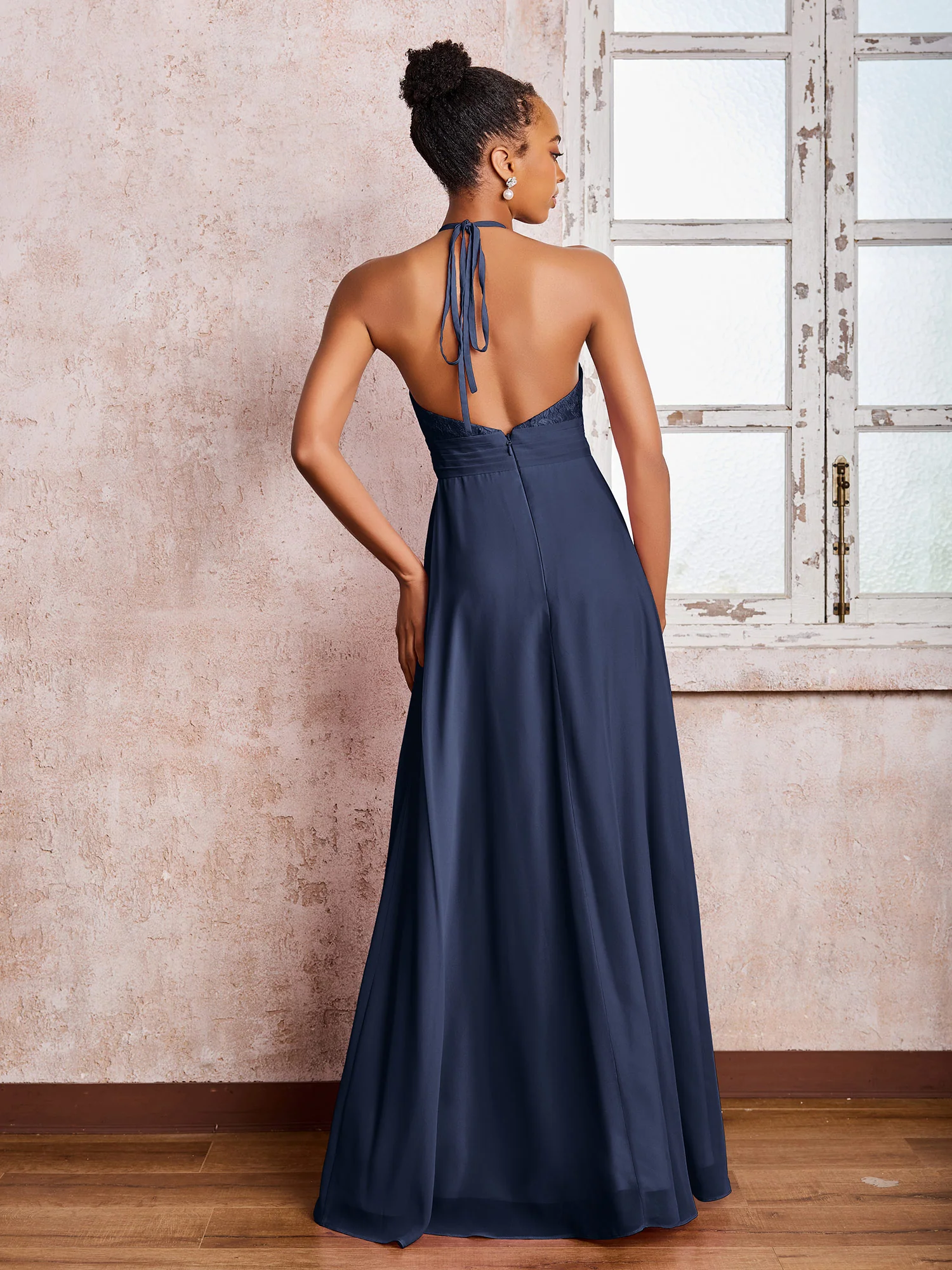 Halter Lace Top Sleeveless Chiffon Long Gowns Dark Navy - Image 2