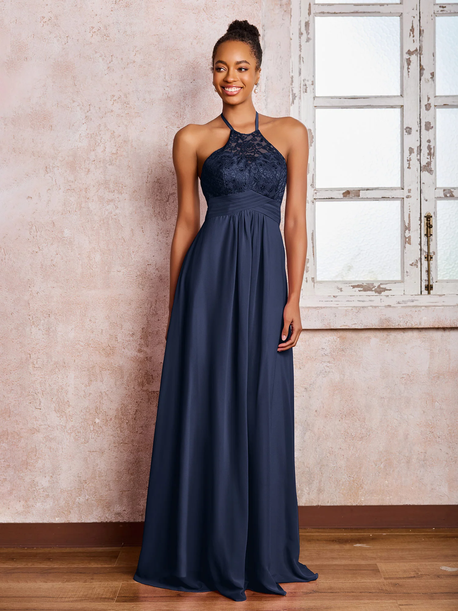 Halter Lace Top Sleeveless Chiffon Long Gowns Dark Navy - Image 3