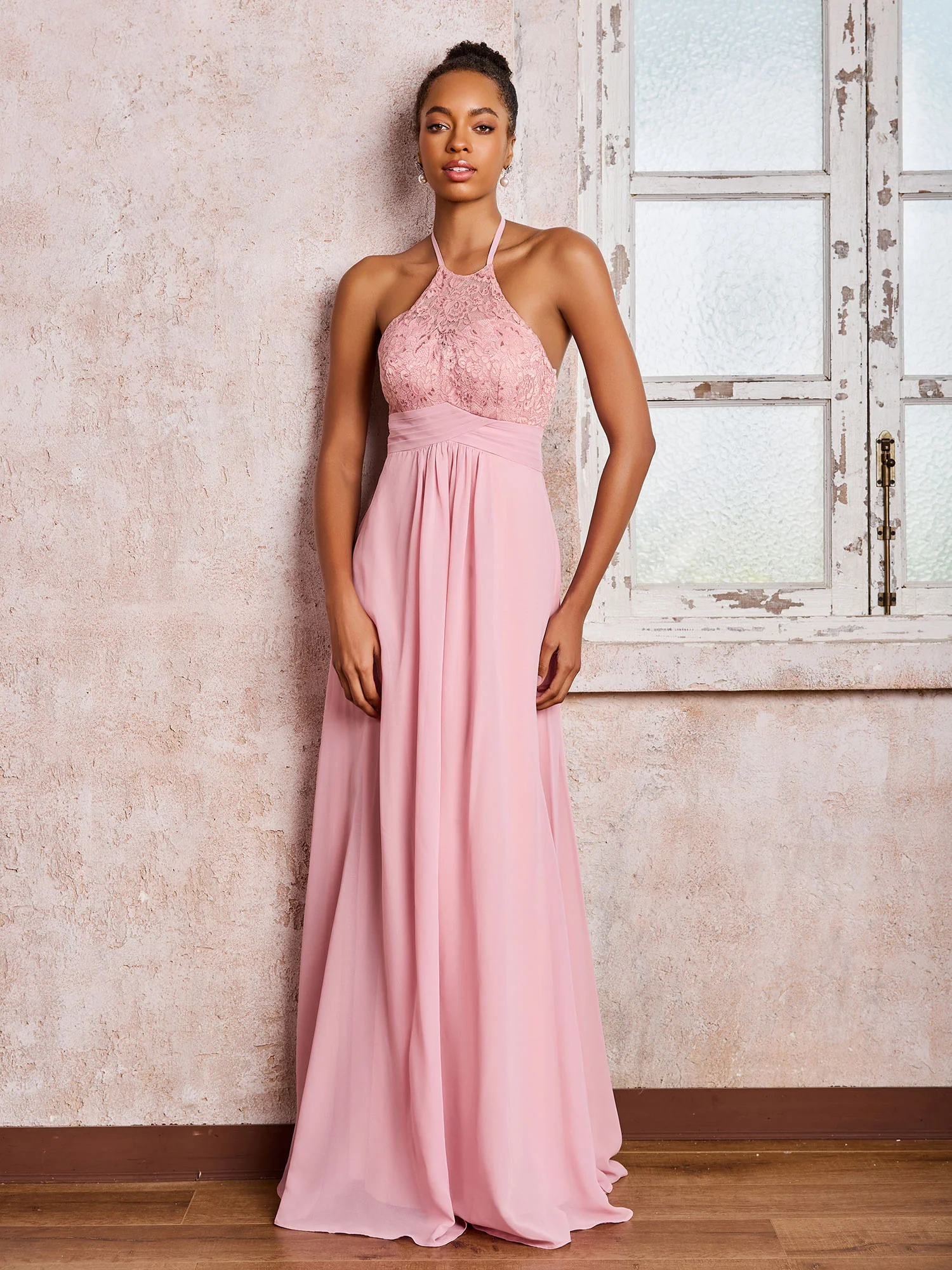 Halter Lace Top Sleeveless Chiffon Long Gowns Dusty Rose - Image 4