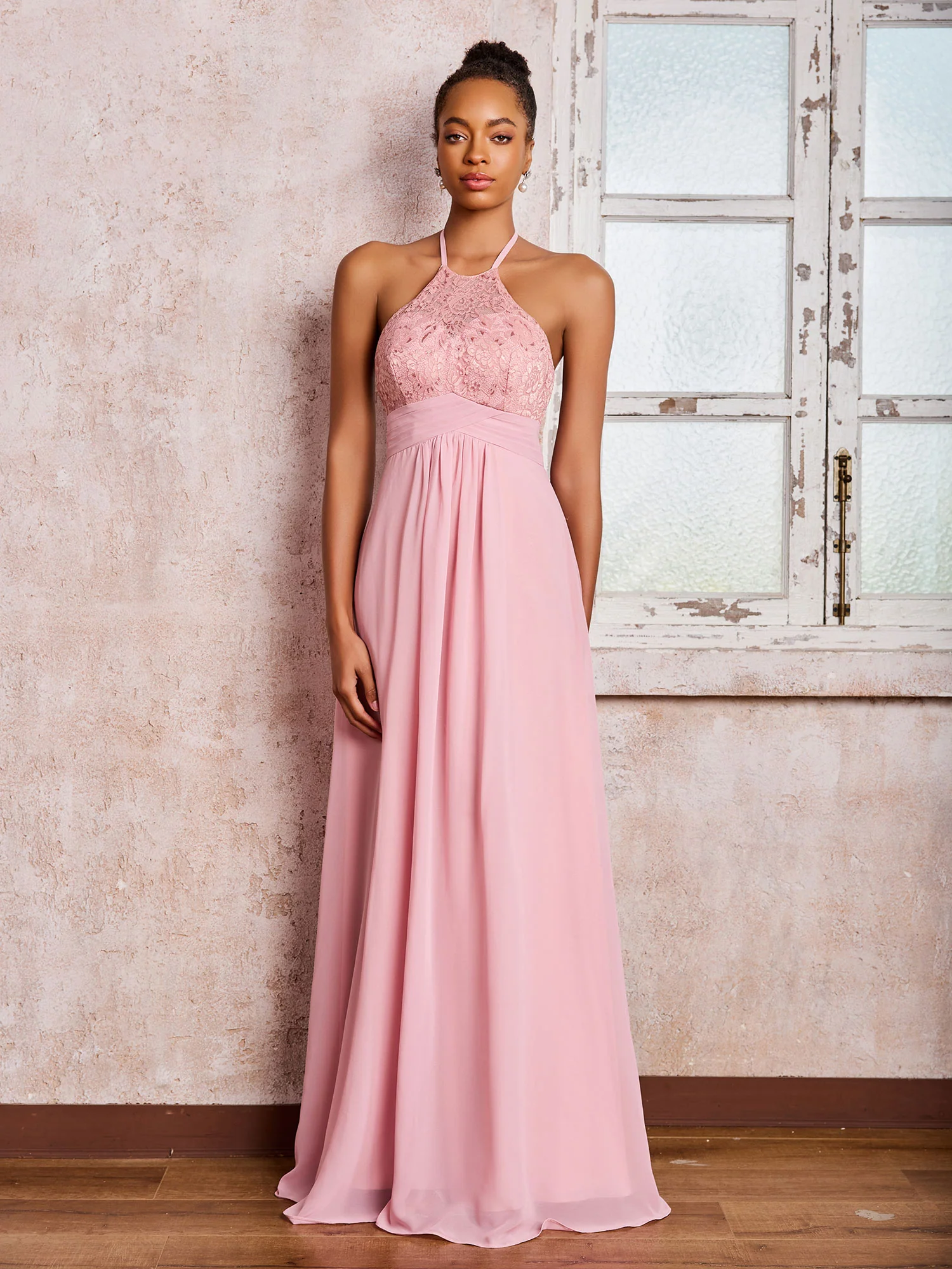Halter Lace Top Sleeveless Chiffon Long Gowns Dusty Rose - Image 5