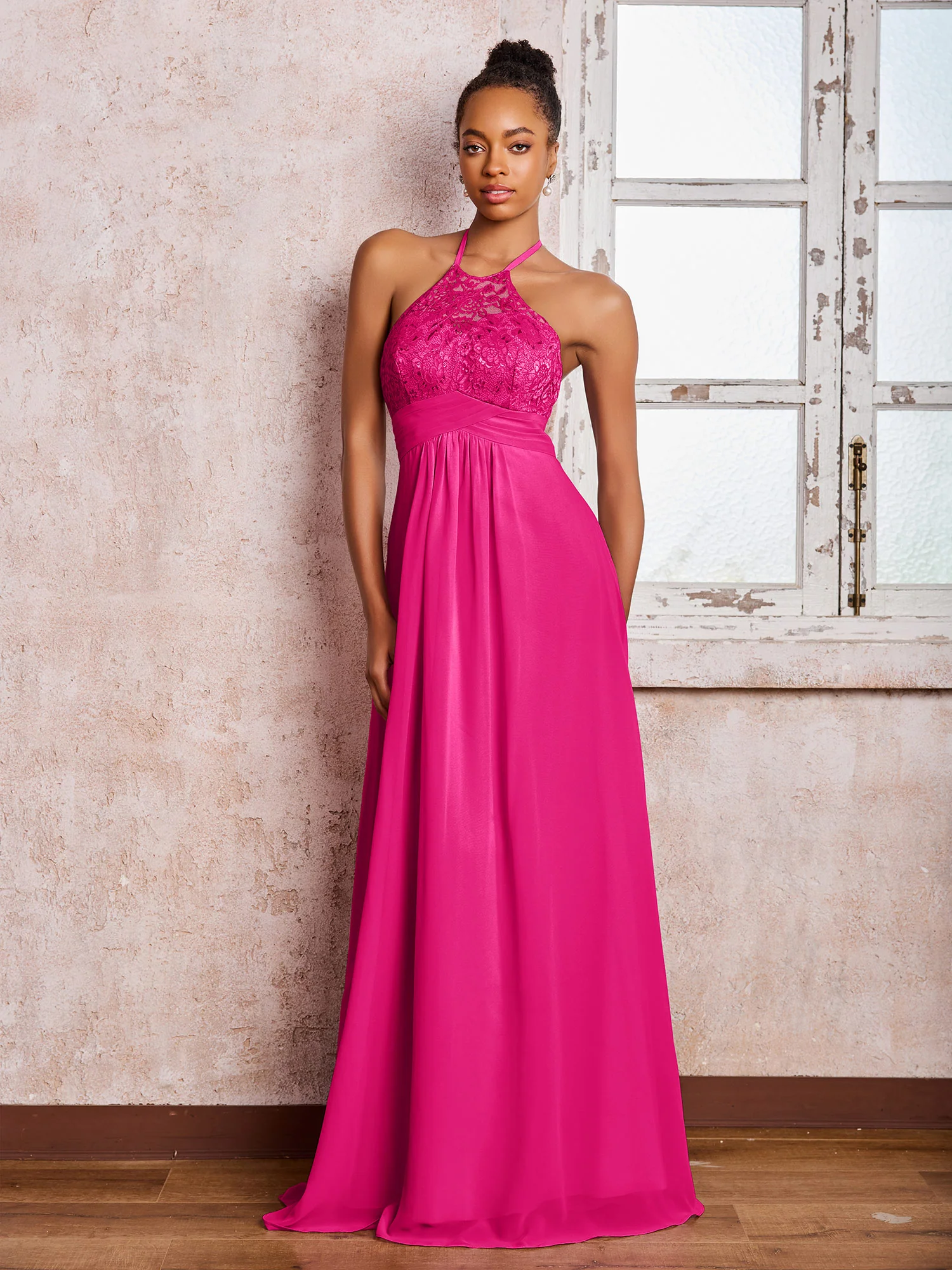 Halter Lace Top Sleeveless Chiffon Long Gowns Fuchsia
