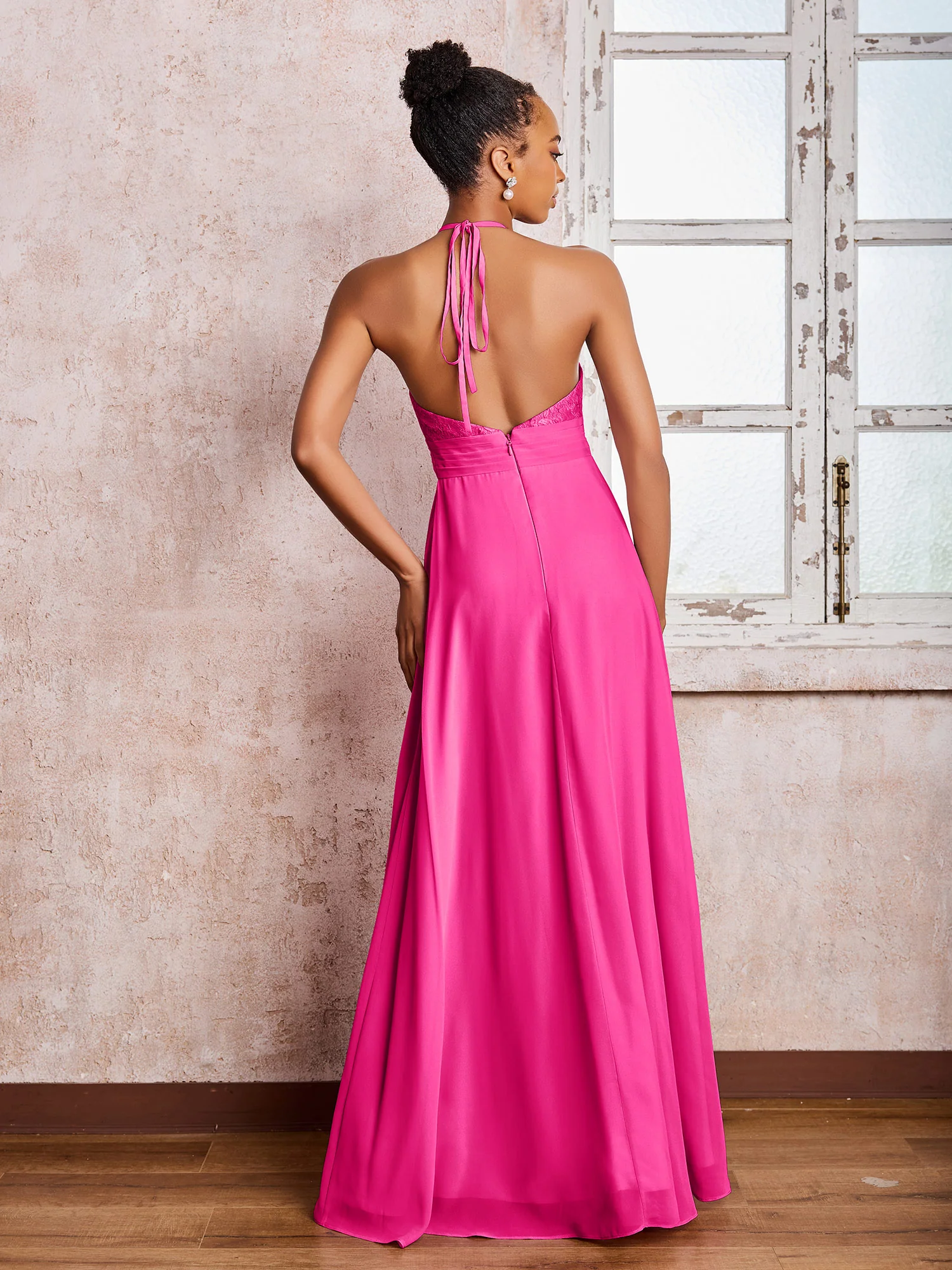 Halter Lace Top Sleeveless Chiffon Long Gowns Fuchsia - Image 2