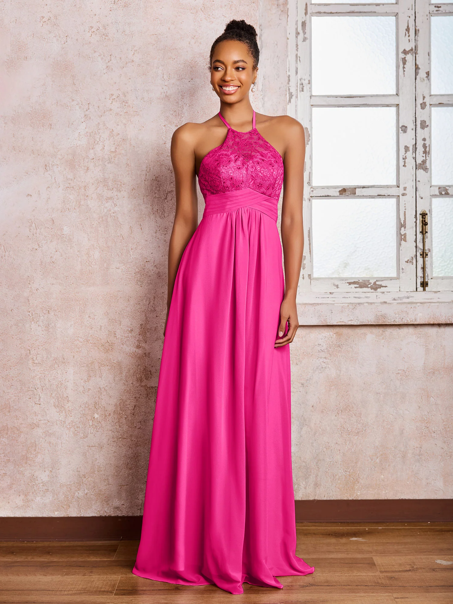 Halter Lace Top Sleeveless Chiffon Long Gowns Fuchsia - Image 3