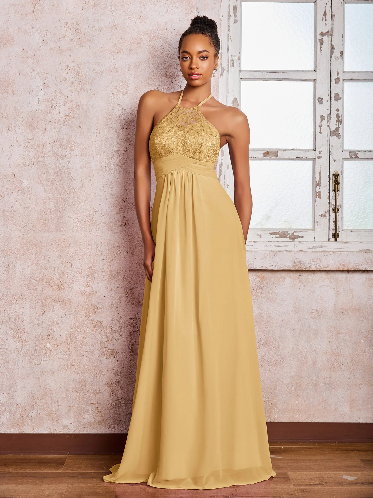 Halter Lace Top Sleeveless Chiffon Long Gowns Gold
