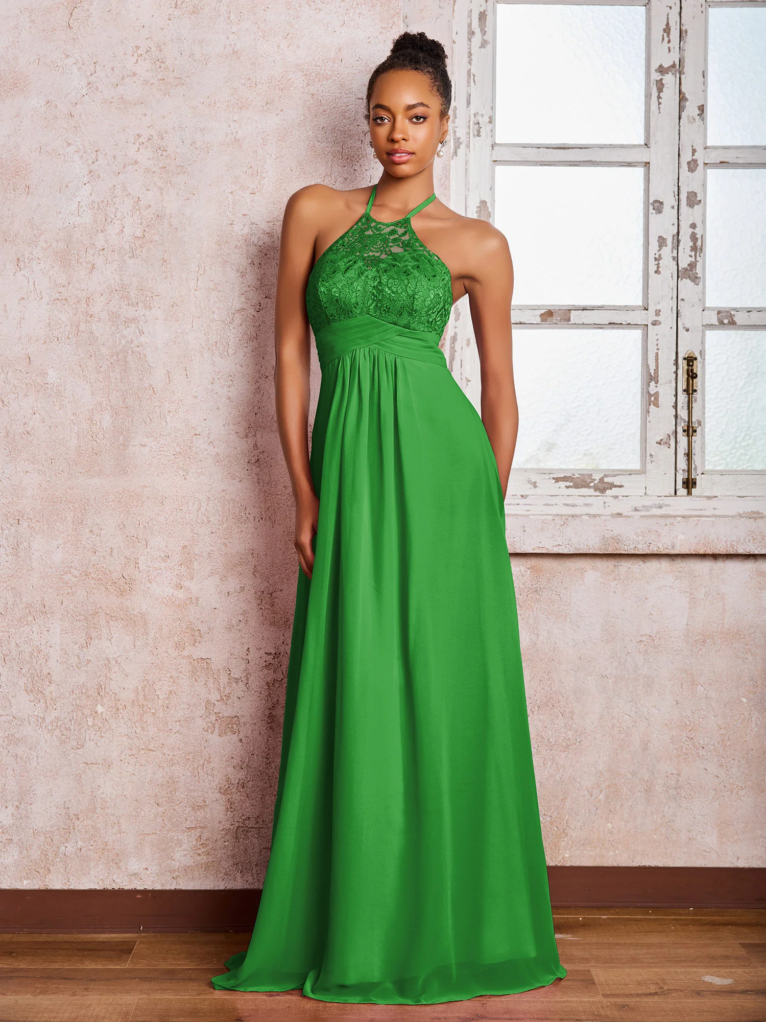 Halter Lace Top Sleeveless Chiffon Long Gowns Green