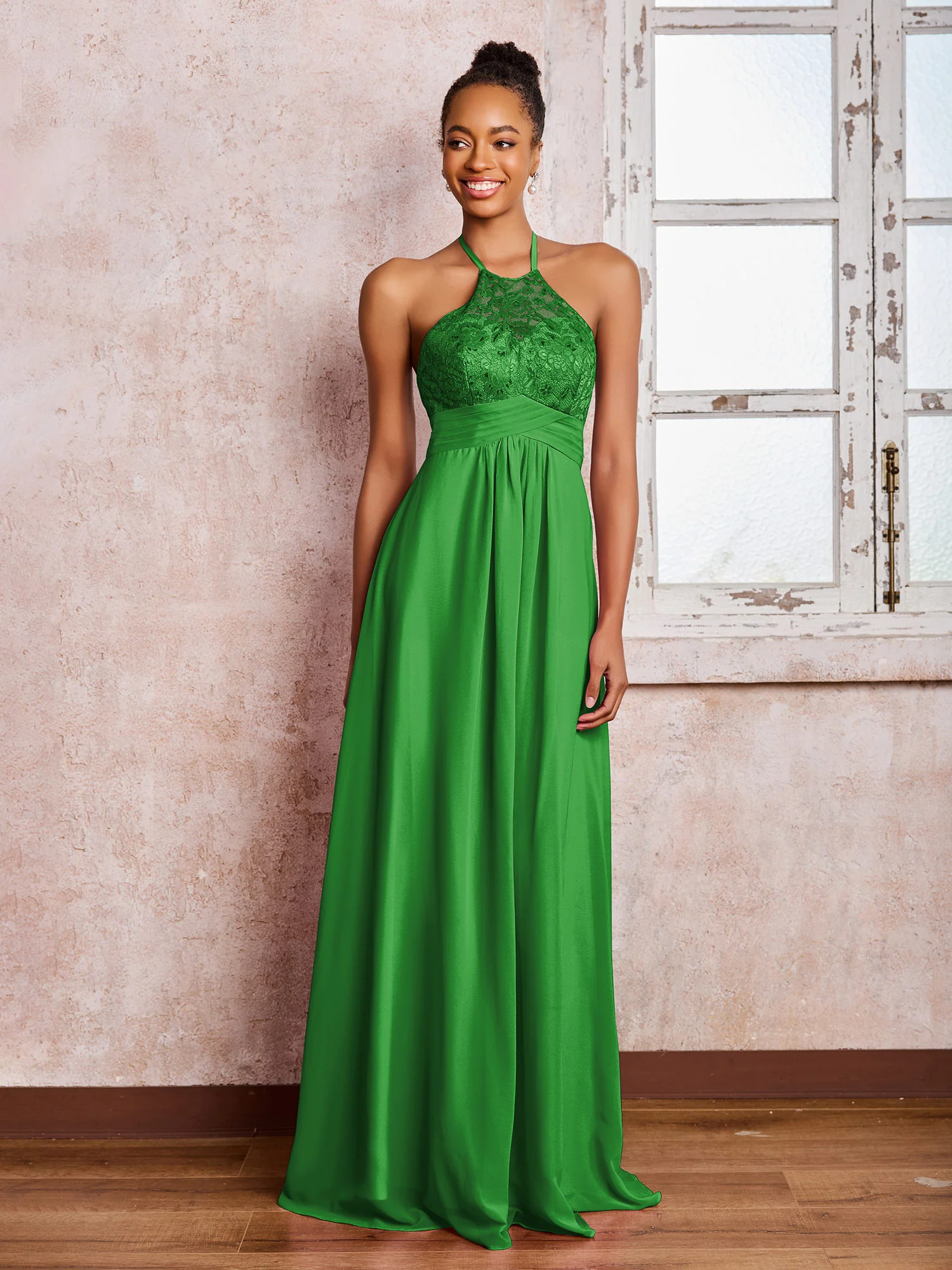 Halter Lace Top Sleeveless Chiffon Long Gowns Green - Image 3