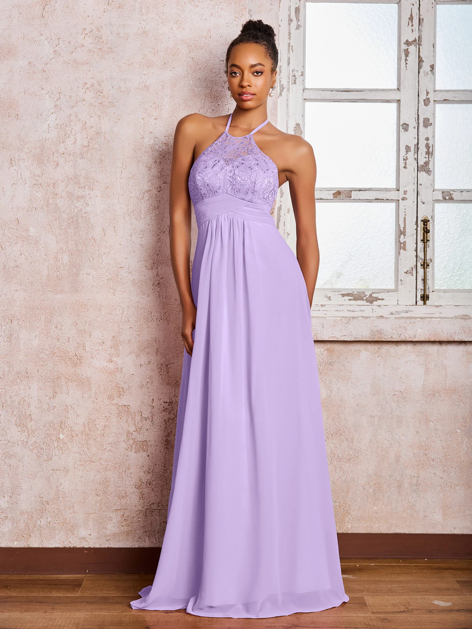 Halter Lace Top Sleeveless Chiffon Long Gowns Lilac
