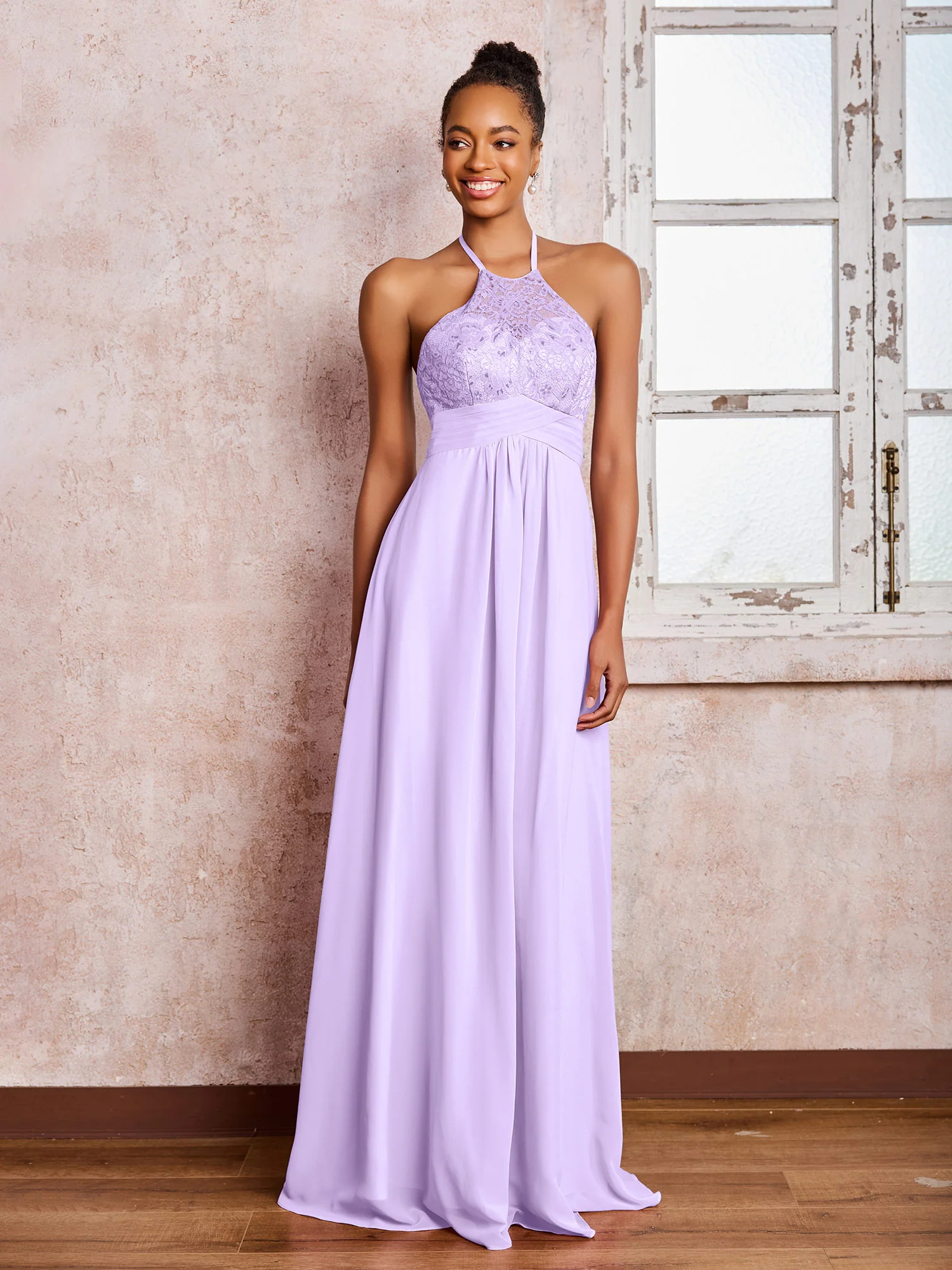 Halter Lace Top Sleeveless Chiffon Long Gowns Lilac - Image 3