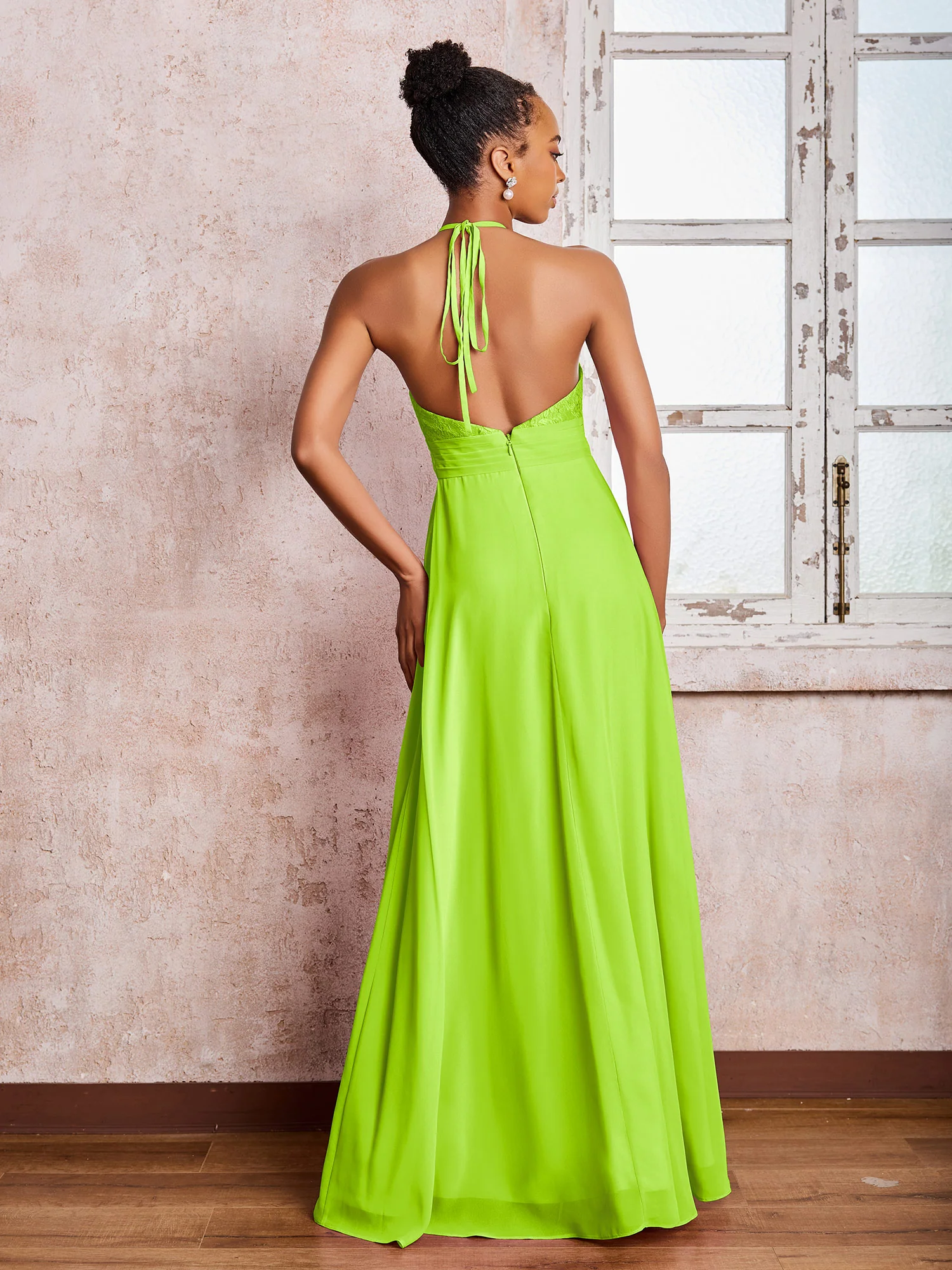 Halter Lace Top Sleeveless Chiffon Long Gowns Lime Green - Image 2