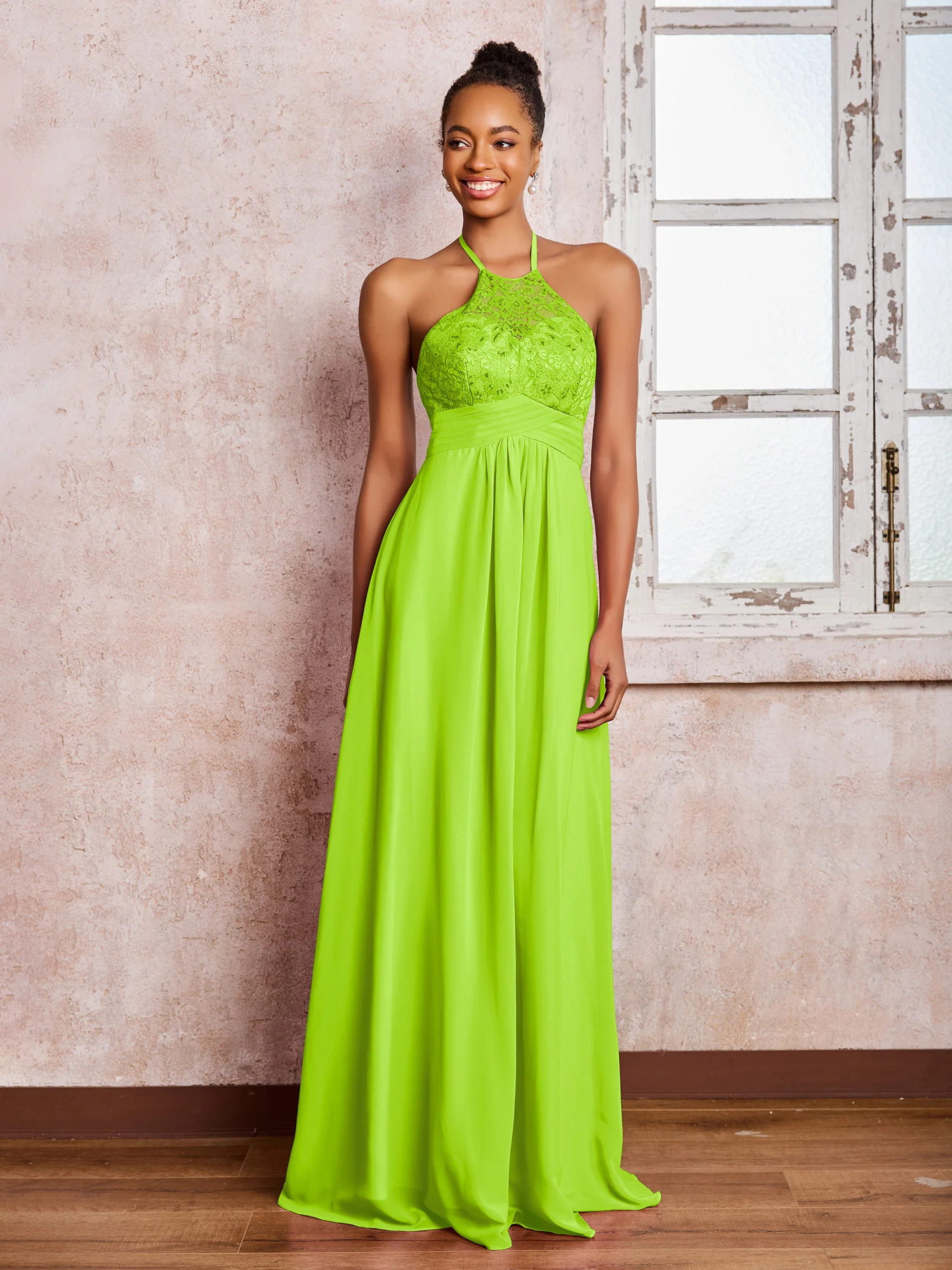 Halter Lace Top Sleeveless Chiffon Long Gowns Lime Green - Image 3