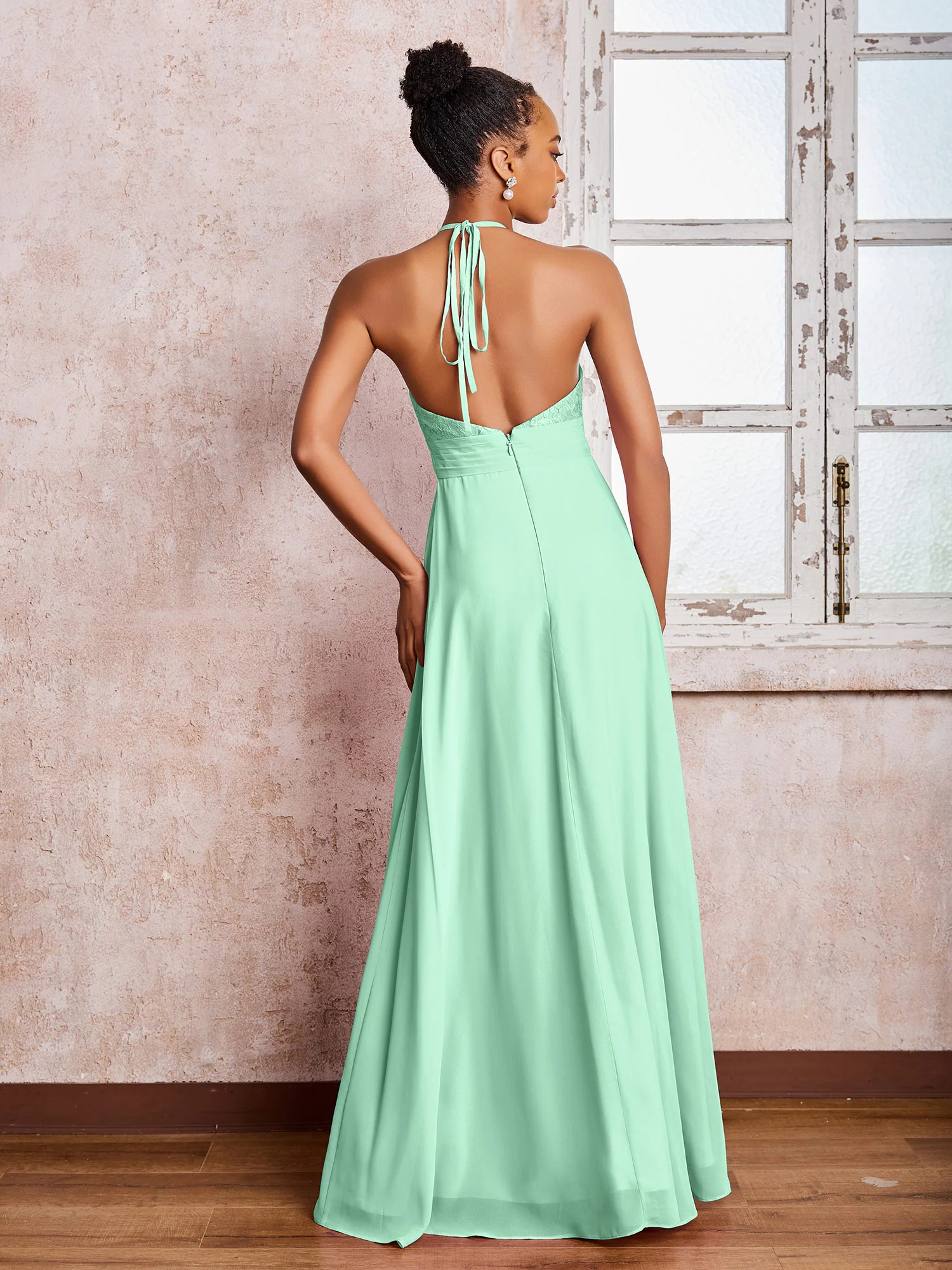 Halter Lace Top Sleeveless Chiffon Long Gowns Mint Green - Image 2