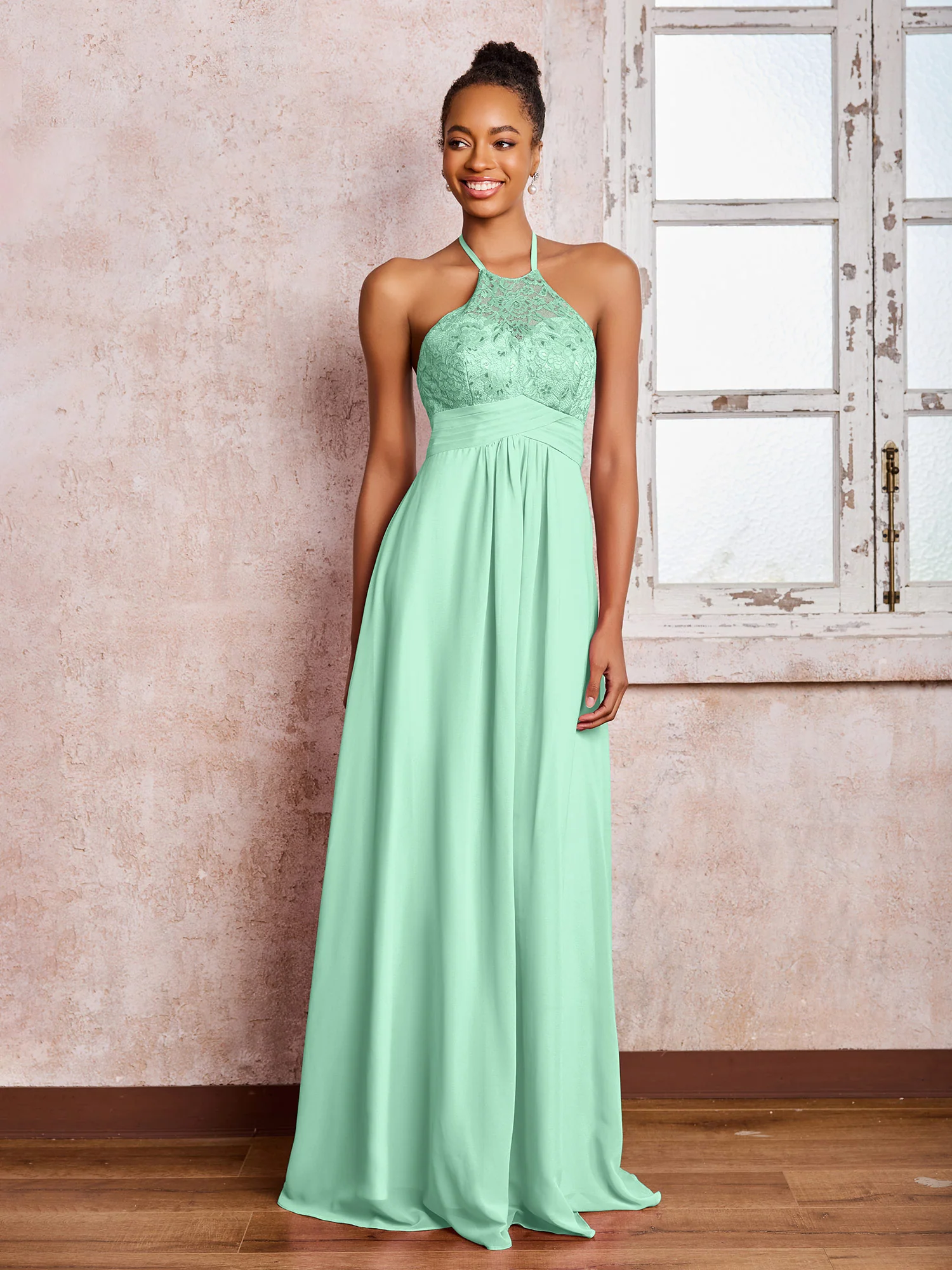 Halter Lace Top Sleeveless Chiffon Long Gowns Mint Green - Image 3