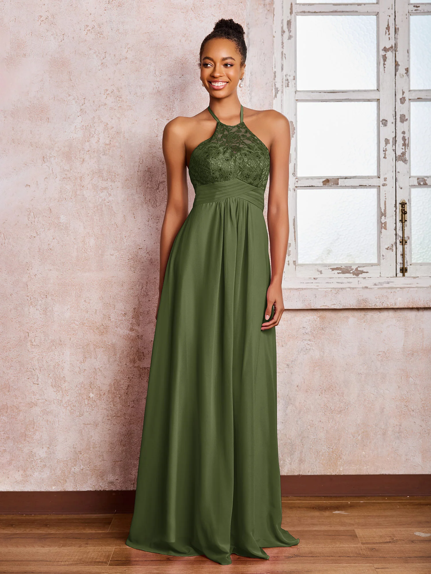 Halter Lace Top Sleeveless Chiffon Long Gowns Olive Green - Image 3