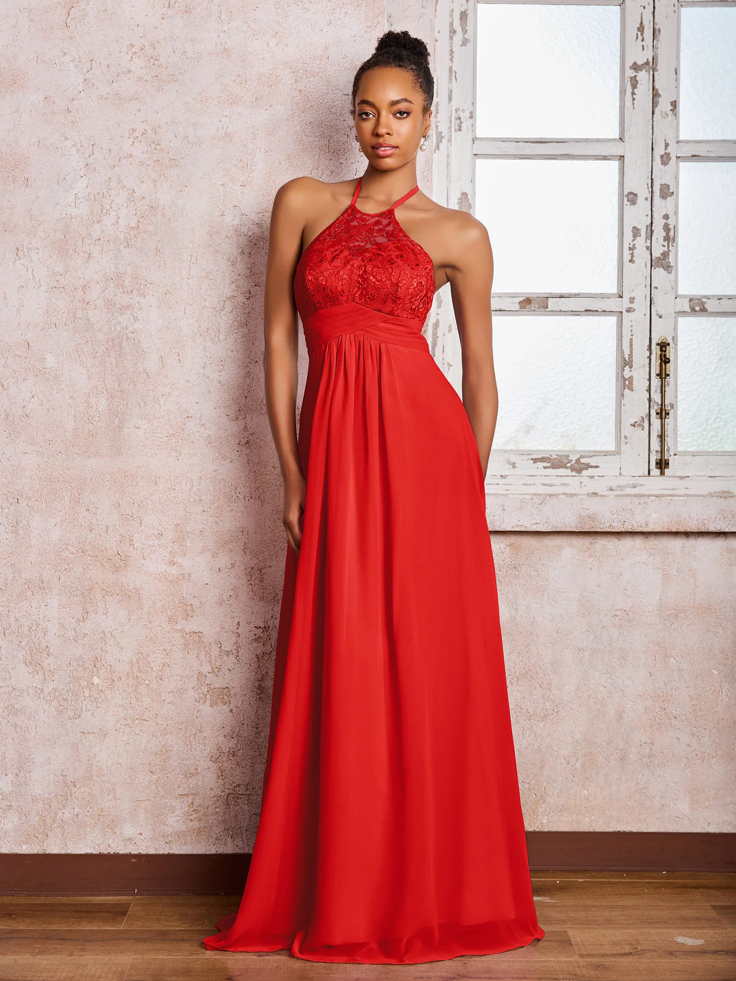 Halter Lace Top Sleeveless Chiffon Long Gowns Red