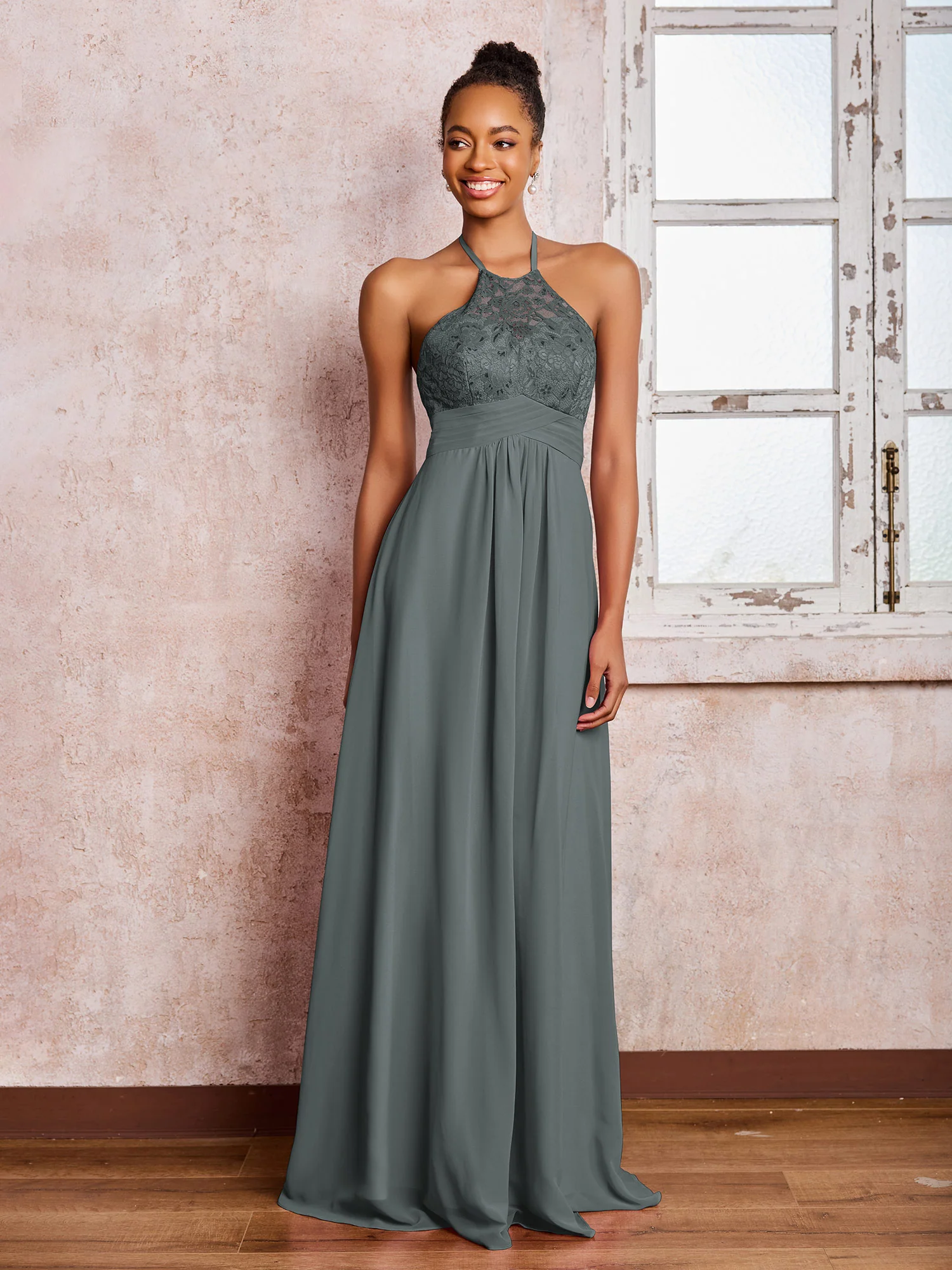 Halter Lace Top Sleeveless Chiffon Long Gowns Steel Grey - Image 3