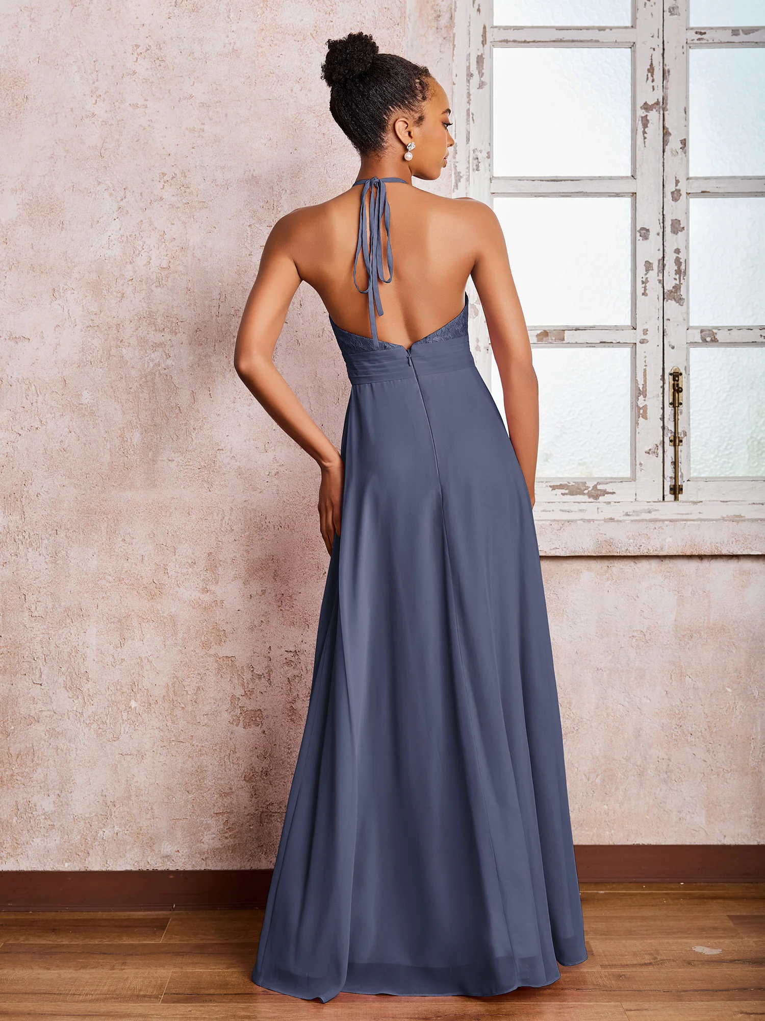 Halter Lace Top Sleeveless Chiffon Long Gowns Stormy - Image 2