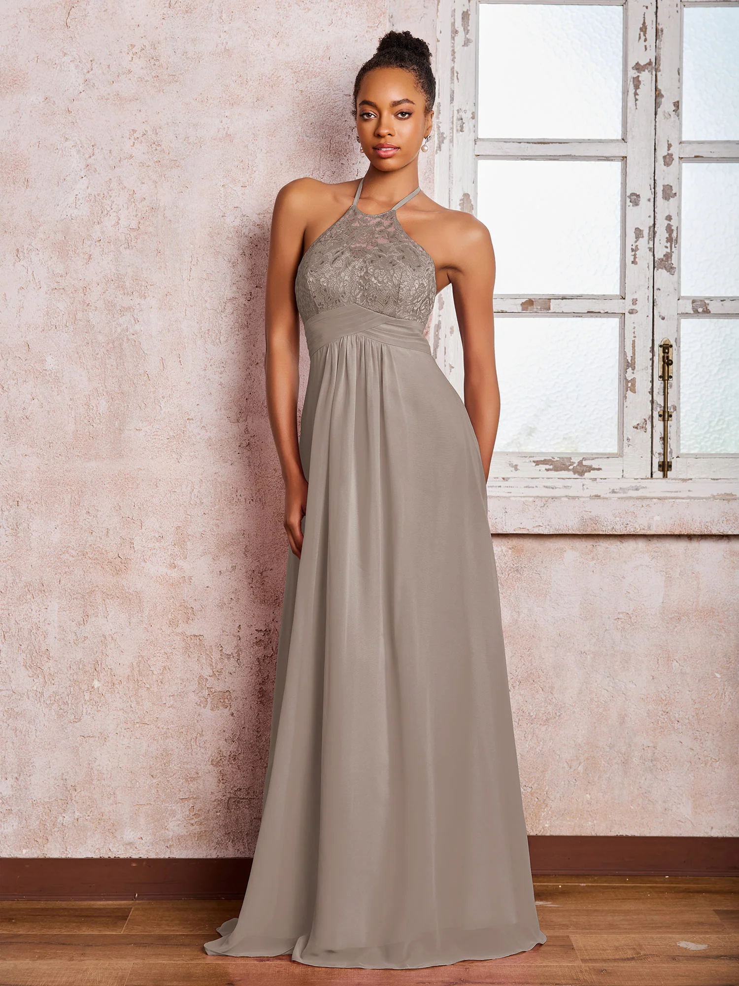 Halter Lace Top Sleeveless Chiffon Long Gowns Taupe