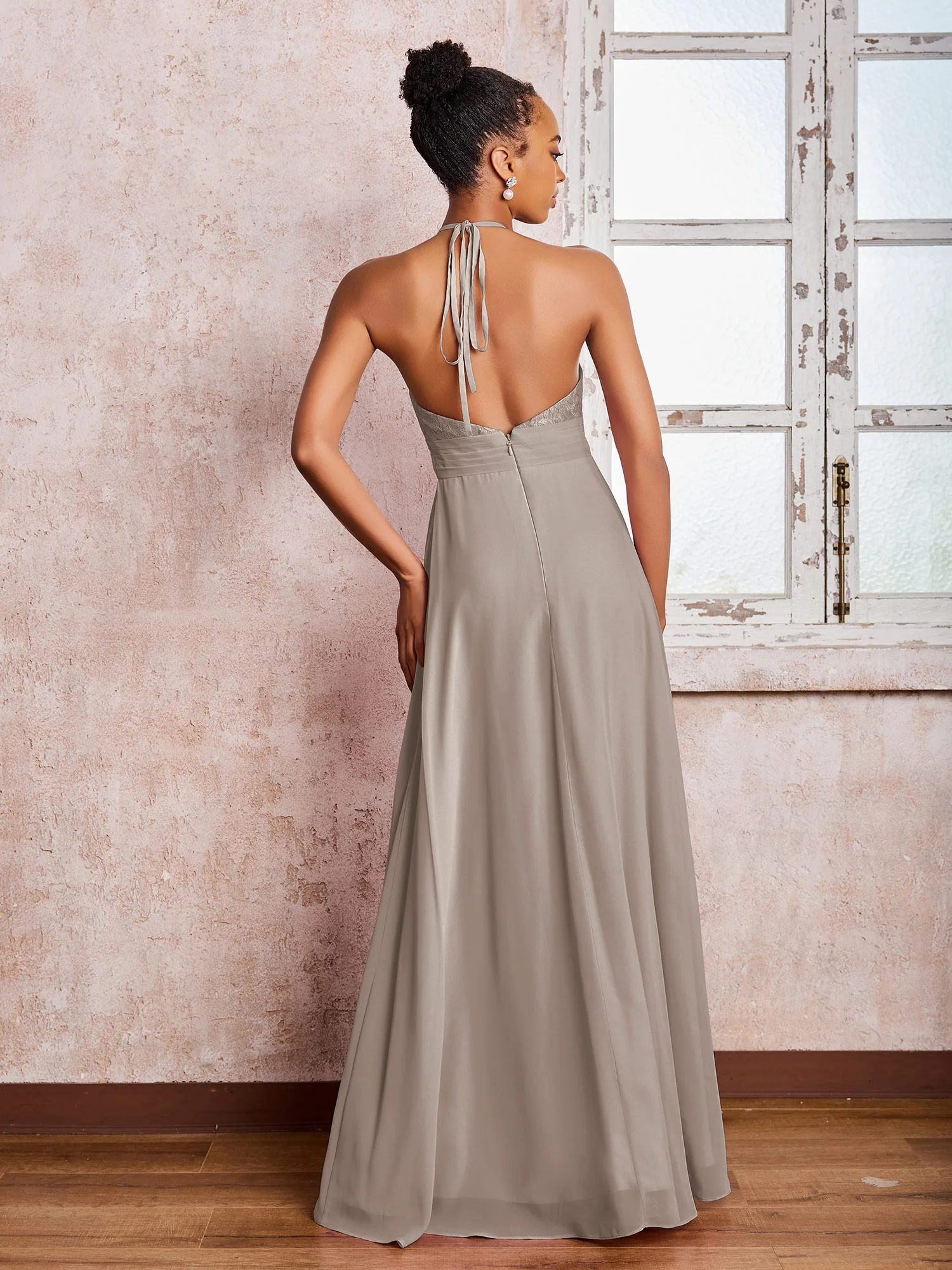 Halter Lace Top Sleeveless Chiffon Long Gowns Taupe - Image 2