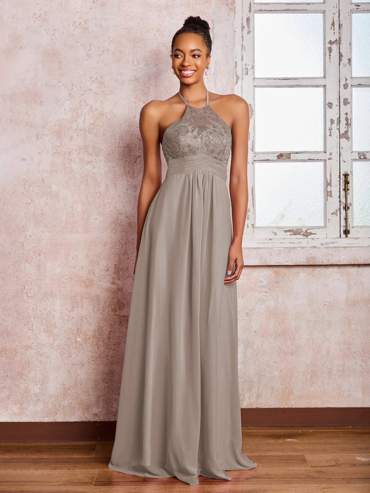 Halter Lace Top Sleeveless Chiffon Long Gowns Taupe - Image 3