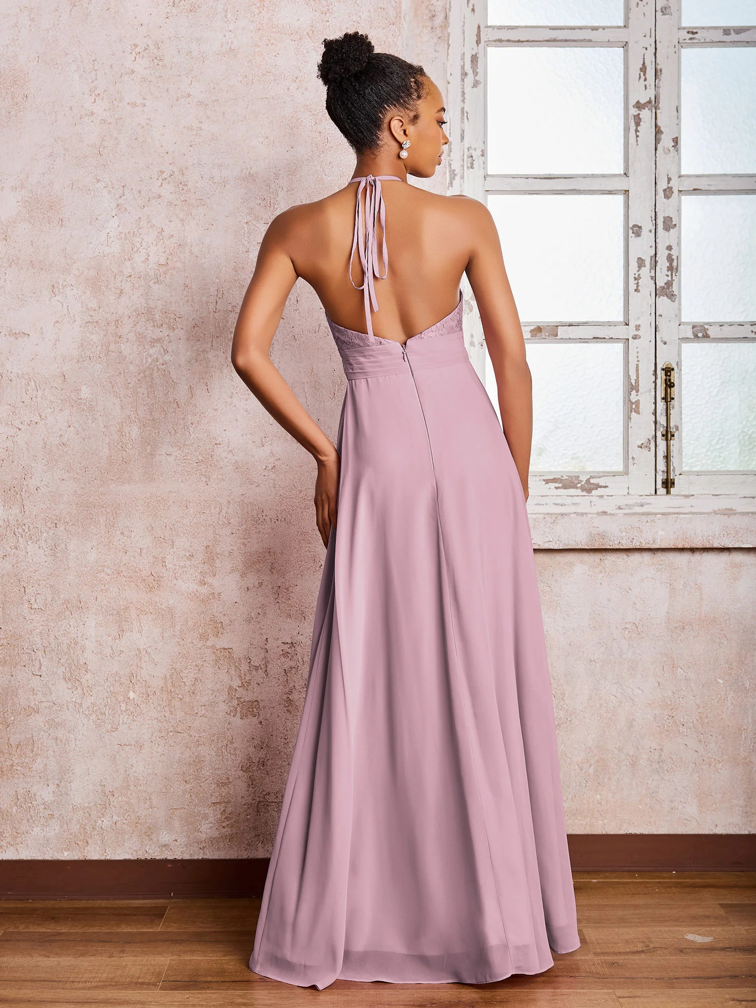 Halter Lace Top Sleeveless Chiffon Long Gowns Vintage Mauve - Image 2