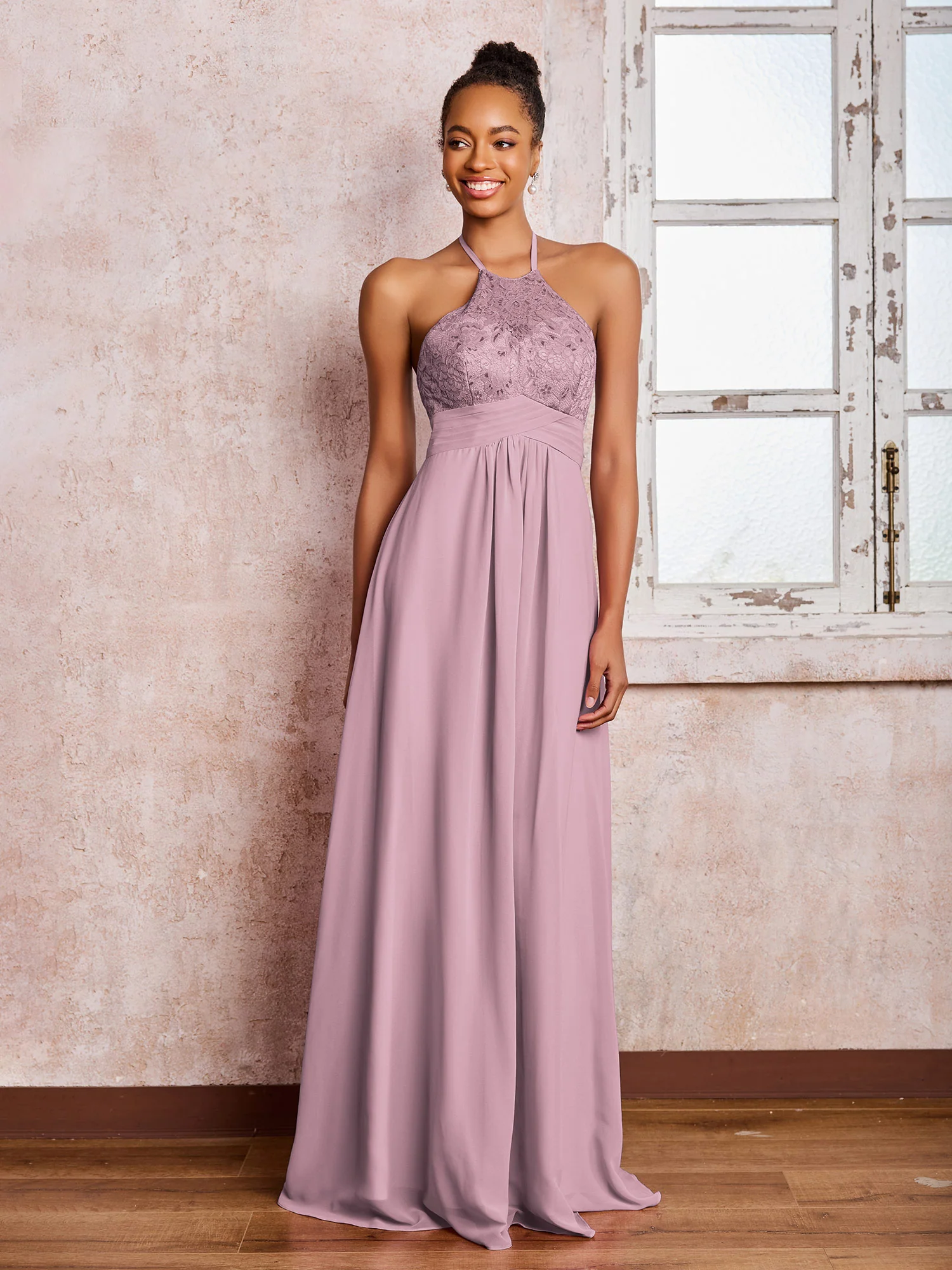 Halter Lace Top Sleeveless Chiffon Long Gowns Vintage Mauve - Image 3