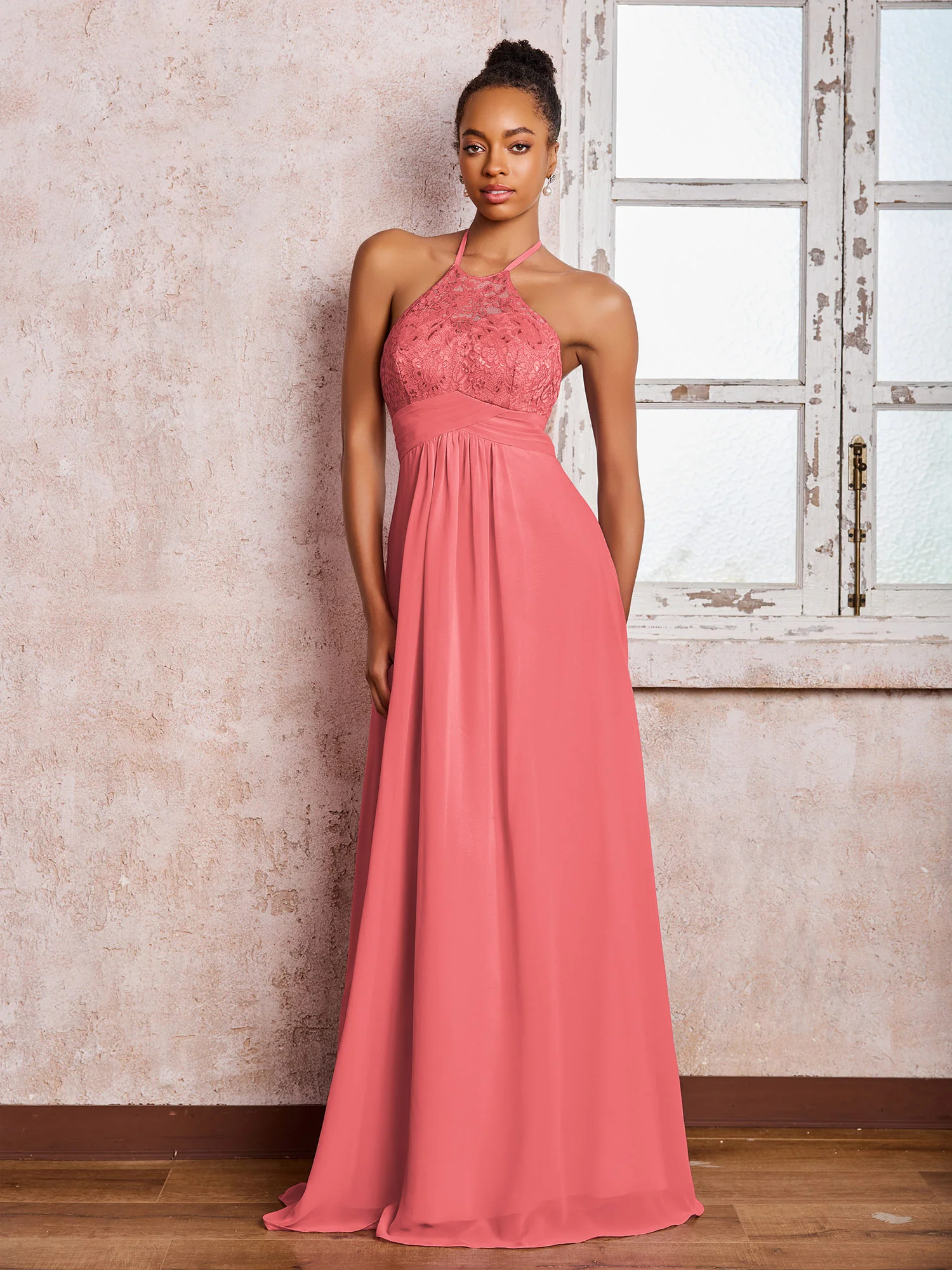 Halter Lace Top Sleeveless Chiffon Long Gowns Watermelon