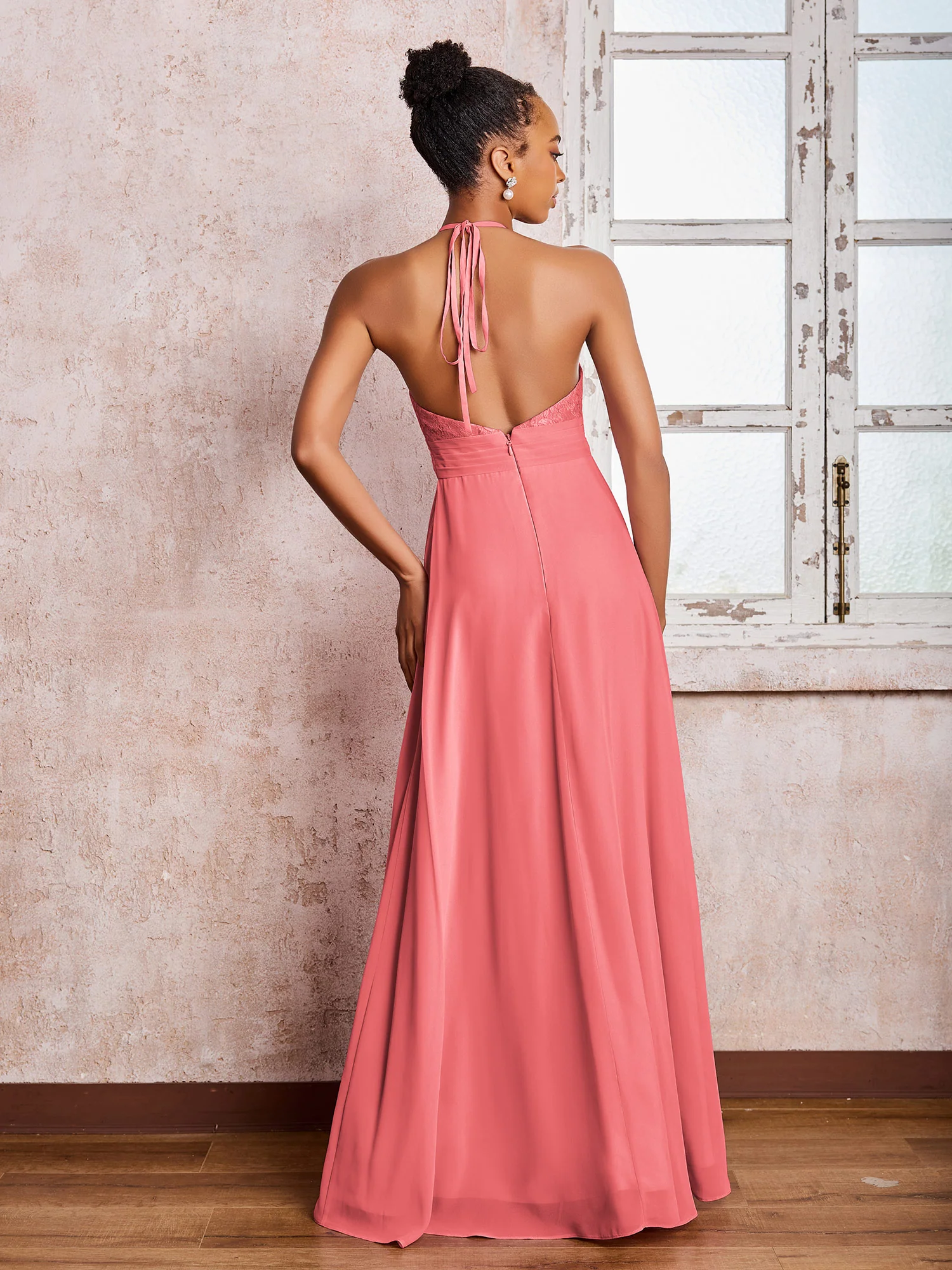 Halter Lace Top Sleeveless Chiffon Long Gowns Watermelon - Image 2