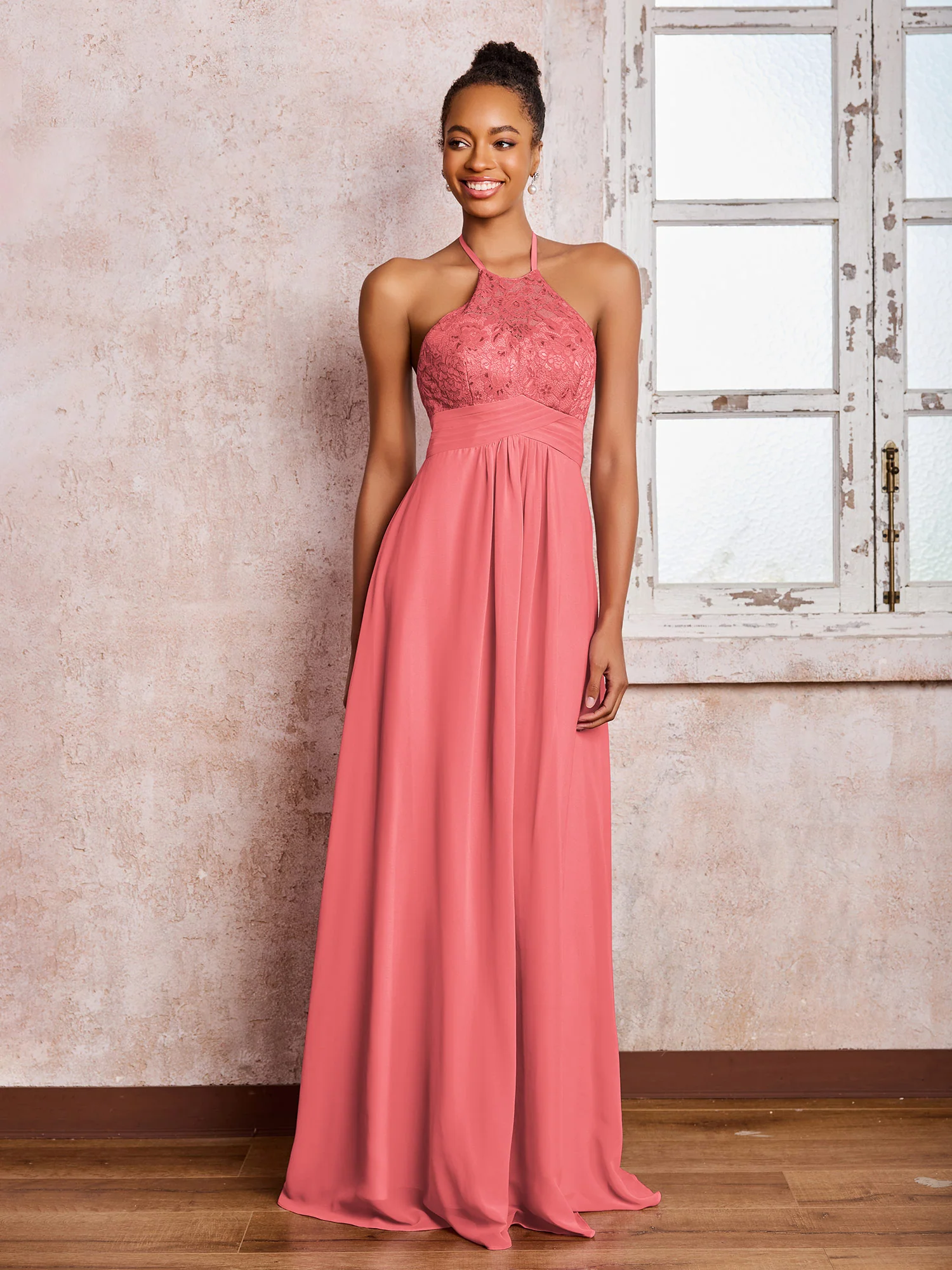 Halter Lace Top Sleeveless Chiffon Long Gowns Watermelon - Image 3