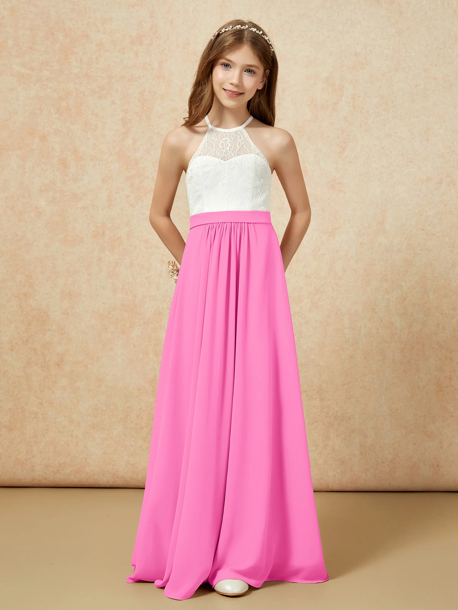 Halter Lace Top Sleeveless Junior Bridesmaid Dress Azalea - Image 4