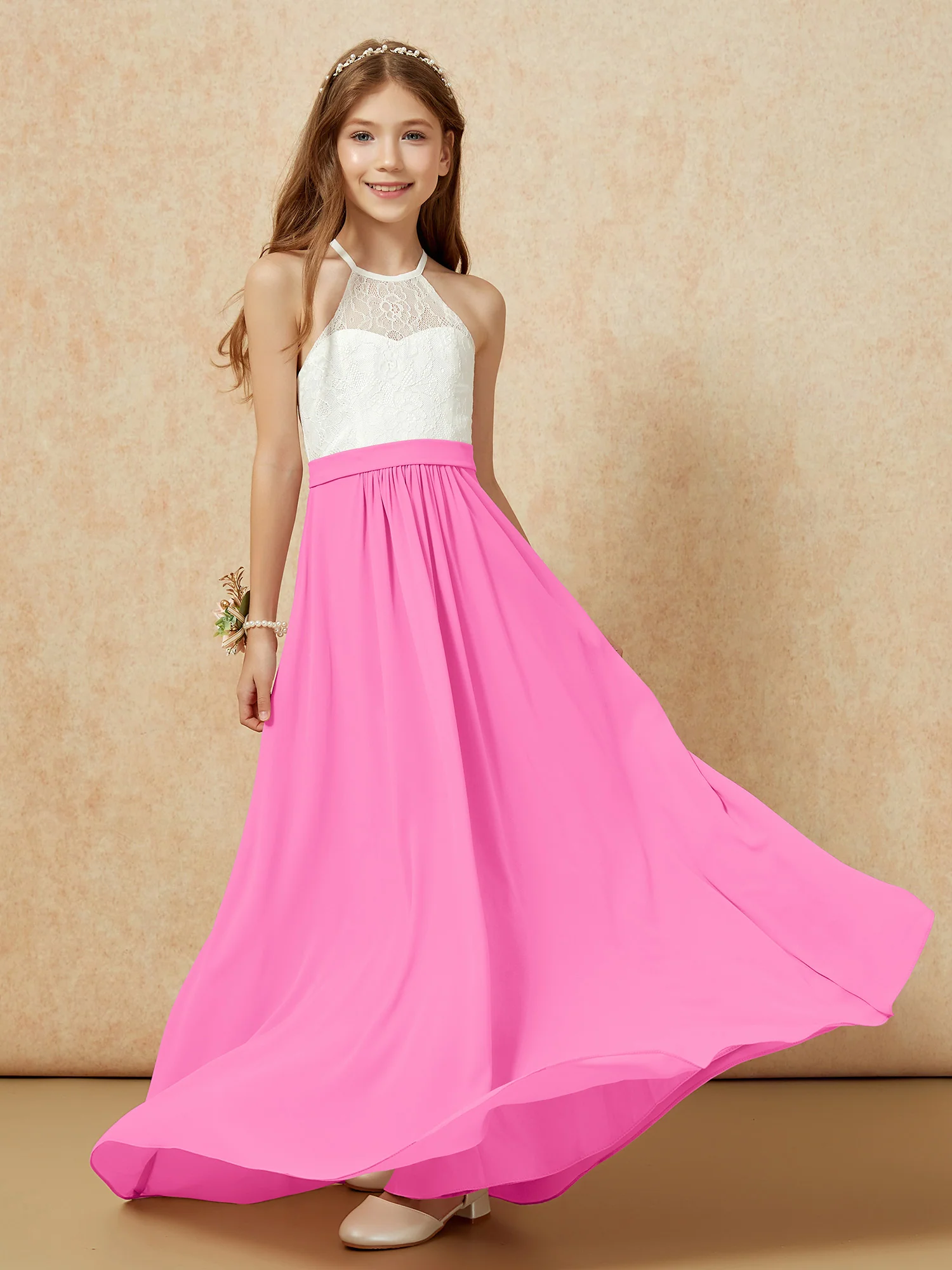 Halter Lace Top Sleeveless Junior Bridesmaid Dress Azalea - Image 5