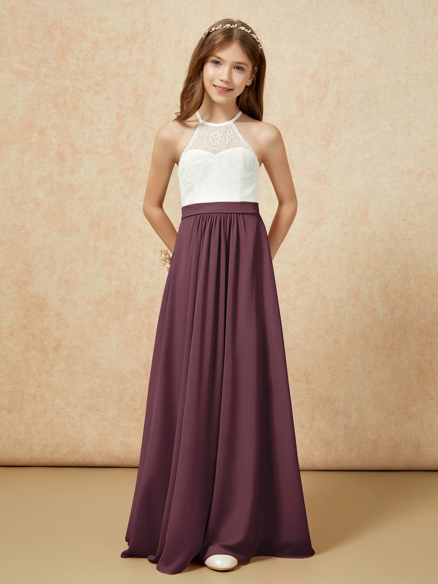 Halter Lace Top Sleeveless Junior Bridesmaid Dress Cabernet - Image 4