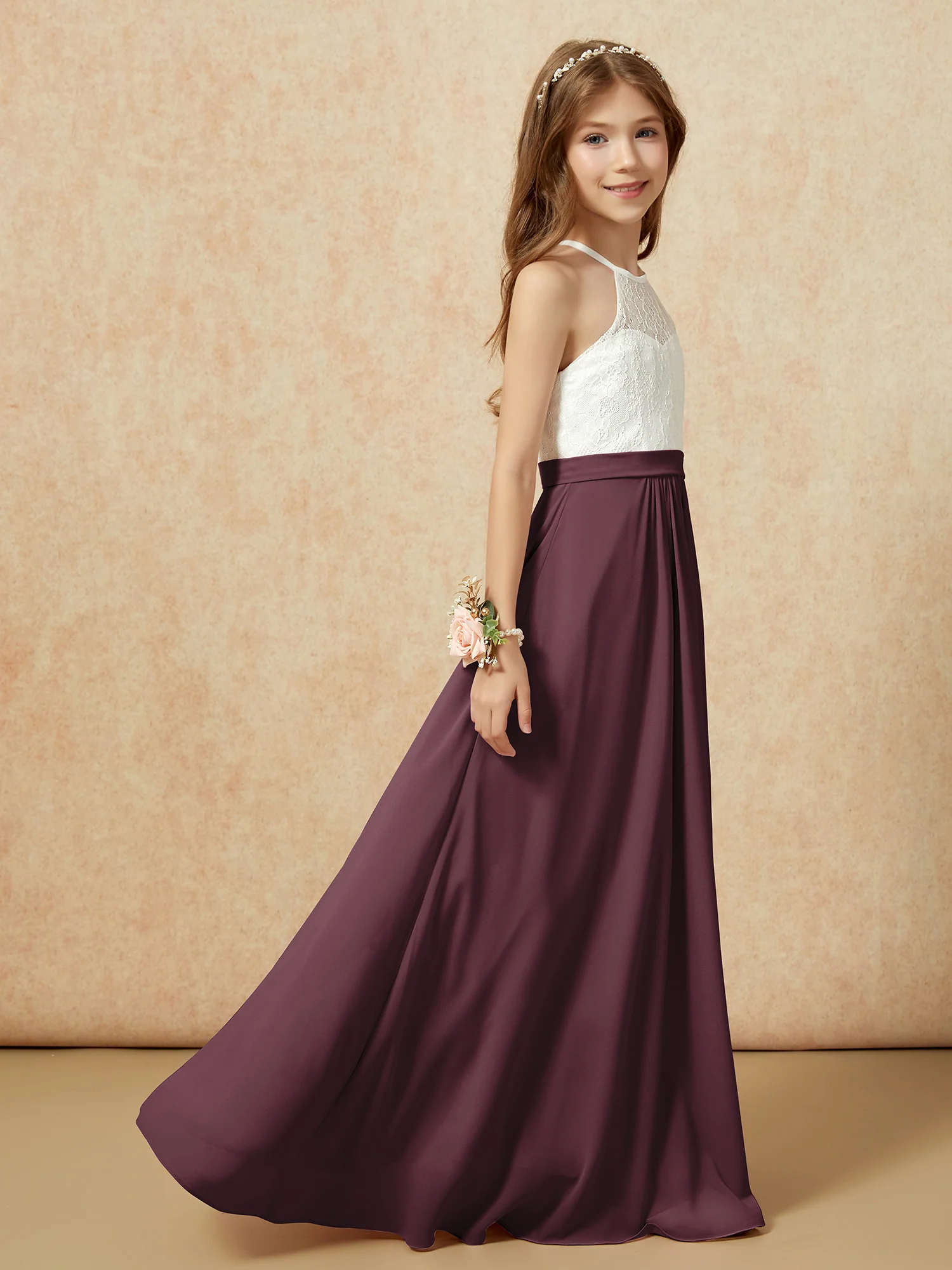 Halter Lace Top Sleeveless Junior Bridesmaid Dress Cabernet - Image 6
