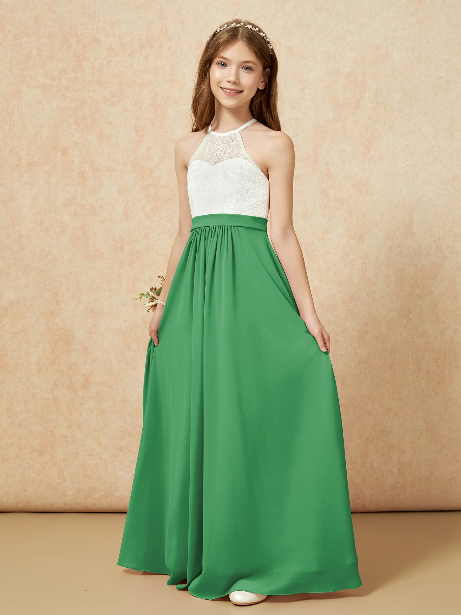 Halter Lace Top Sleeveless Junior Bridesmaid Dress Emerald - Image 3