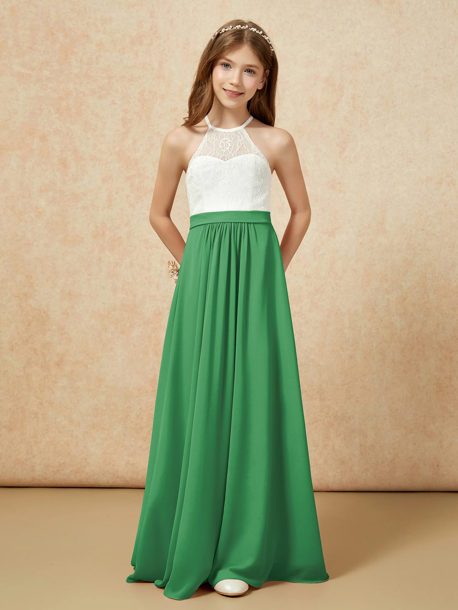 Halter Lace Top Sleeveless Junior Bridesmaid Dress Emerald - Image 4