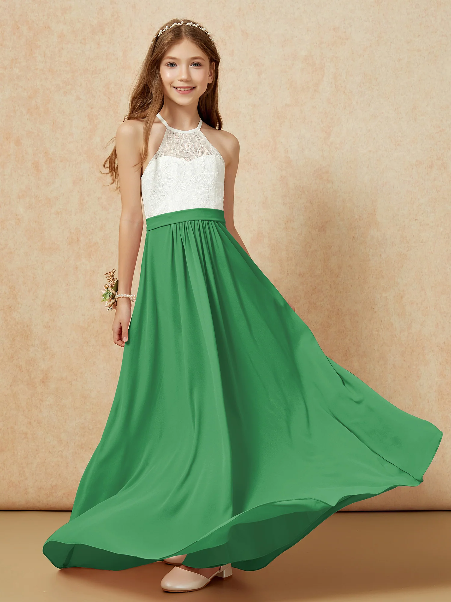 Halter Lace Top Sleeveless Junior Bridesmaid Dress Emerald - Image 5