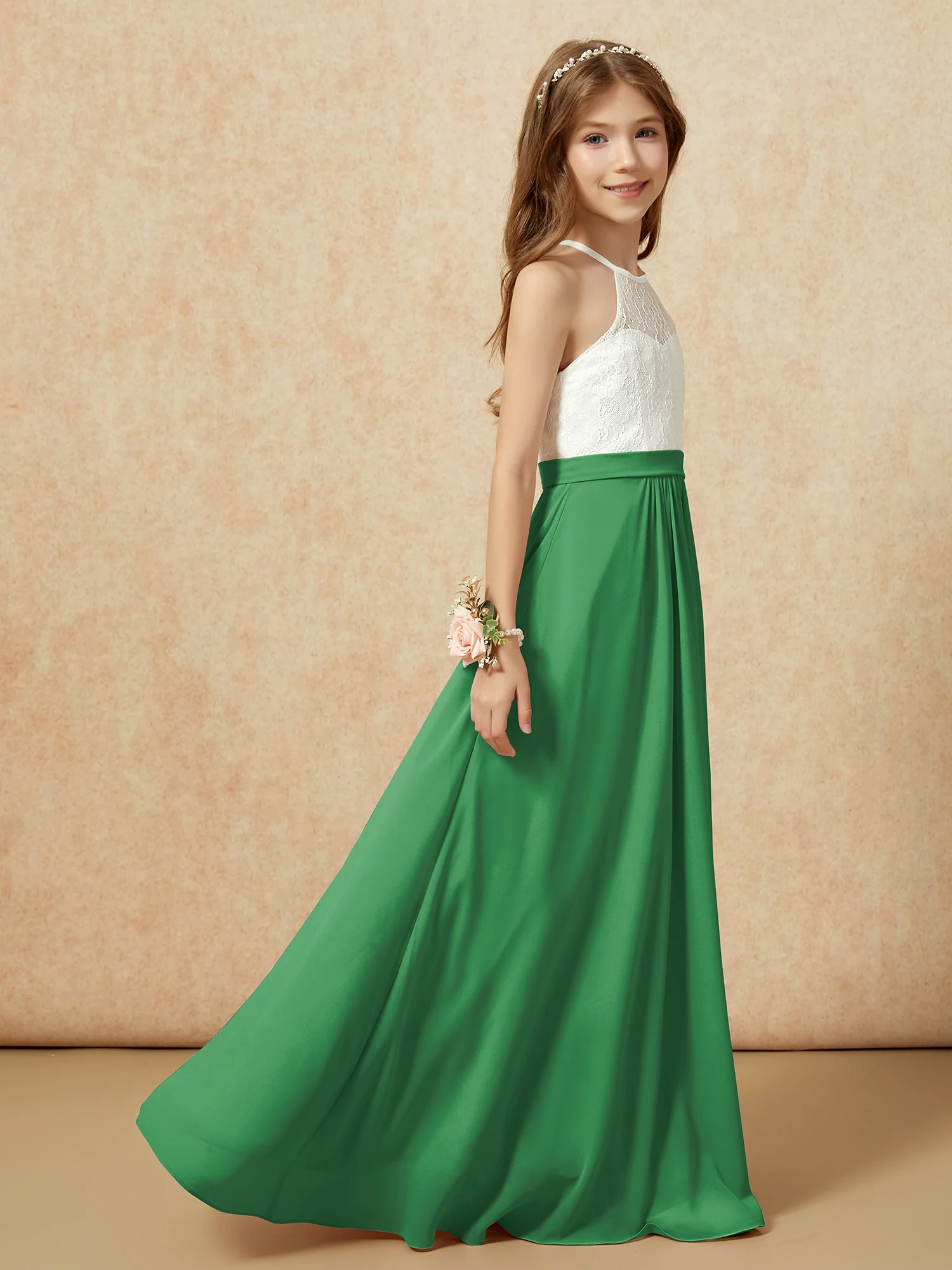 Halter Lace Top Sleeveless Junior Bridesmaid Dress Emerald - Image 6