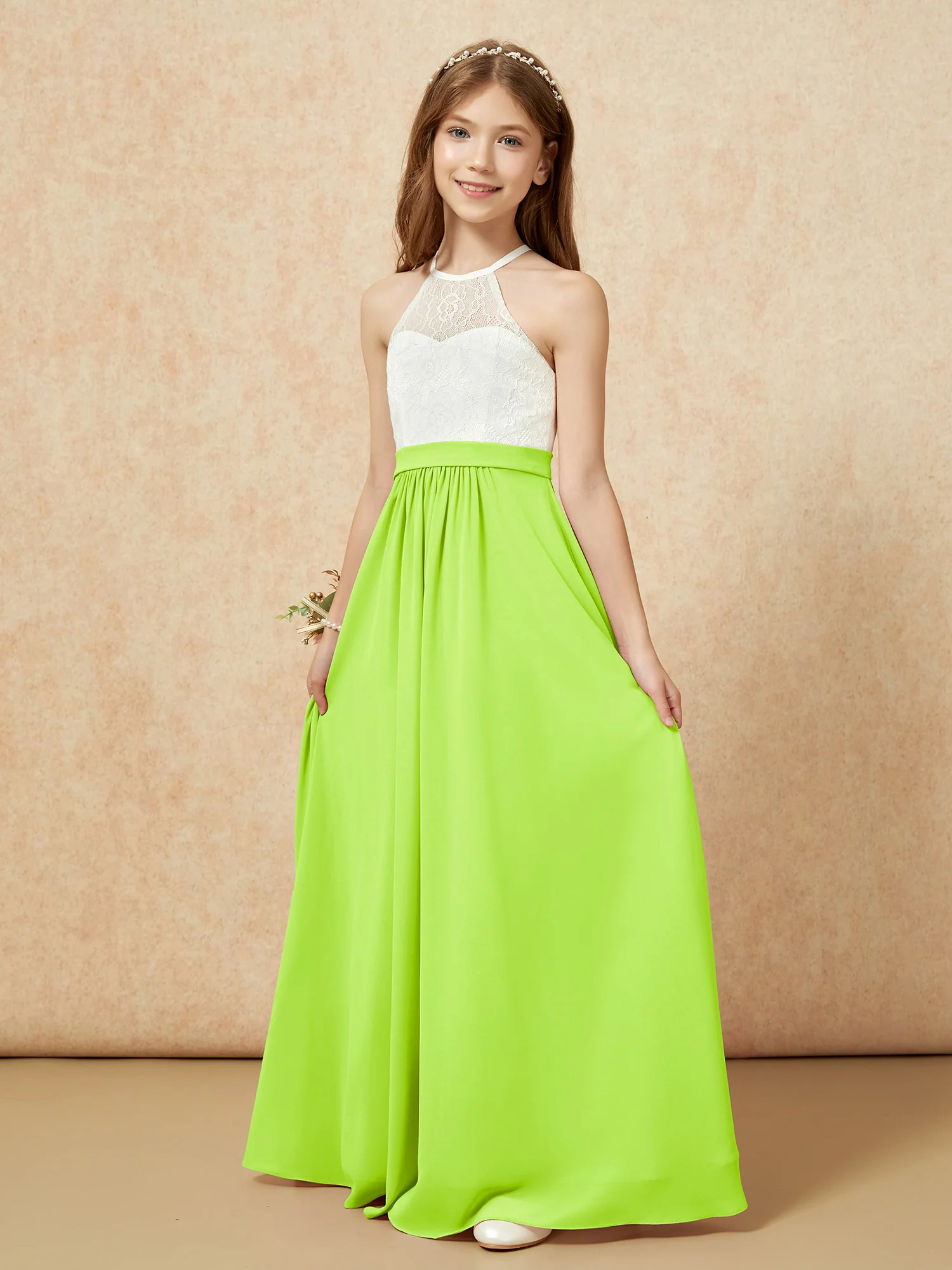Halter Lace Top Sleeveless Junior Bridesmaid Dress Lime Green - Image 3