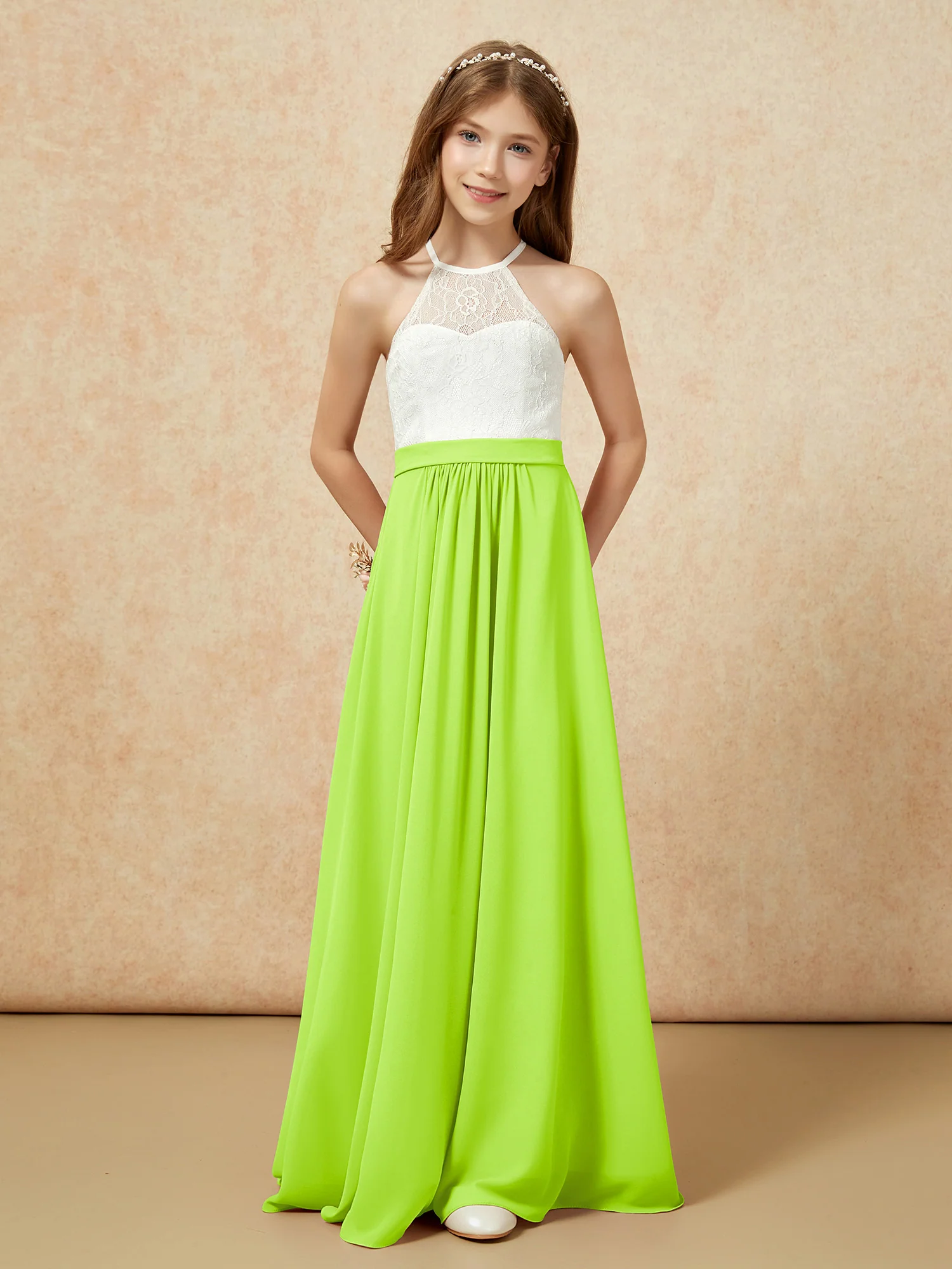 Halter Lace Top Sleeveless Junior Bridesmaid Dress Lime Green - Image 4