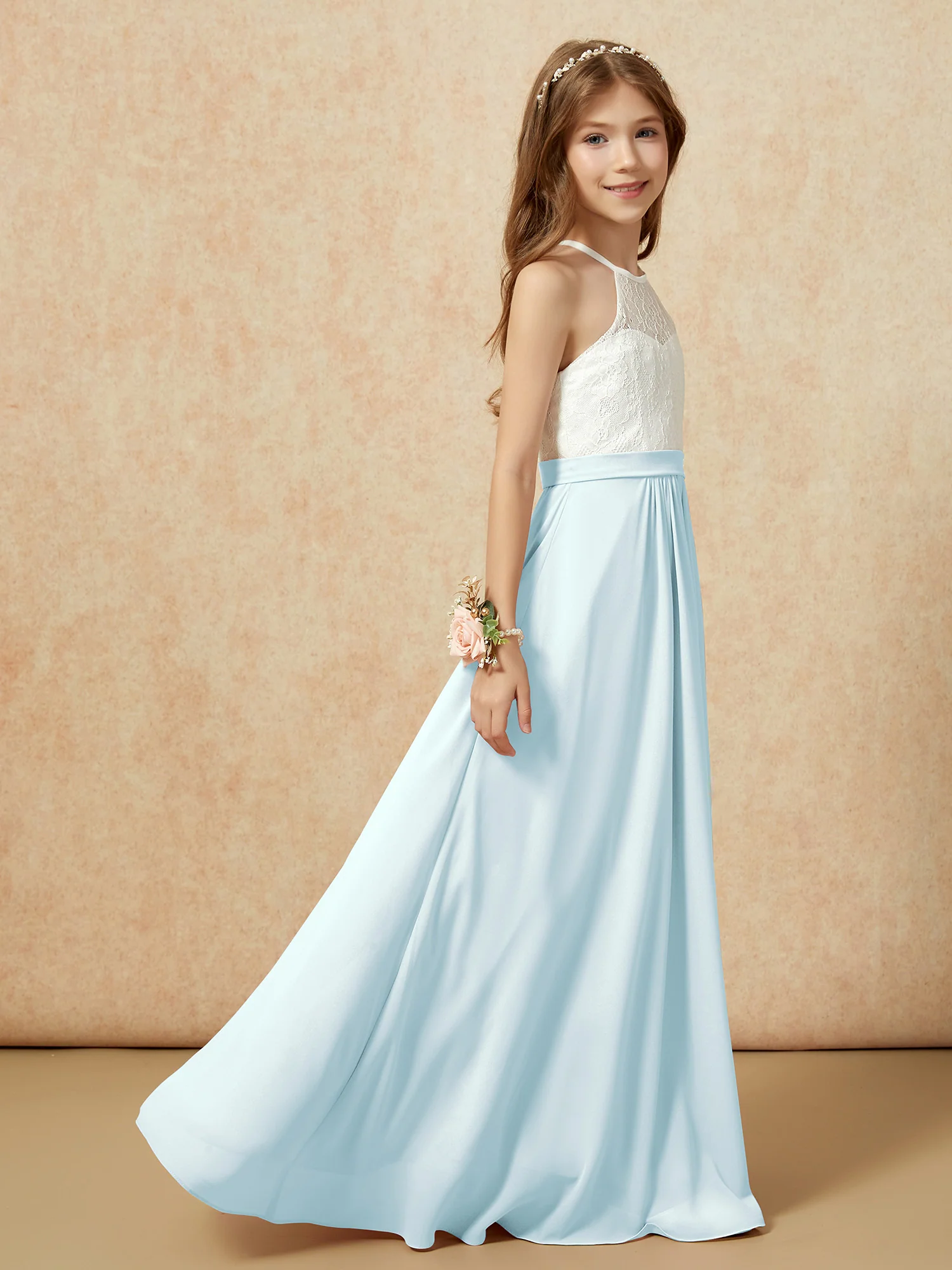 Halter Lace Top Sleeveless Junior Bridesmaid Dress Mist - Image 6